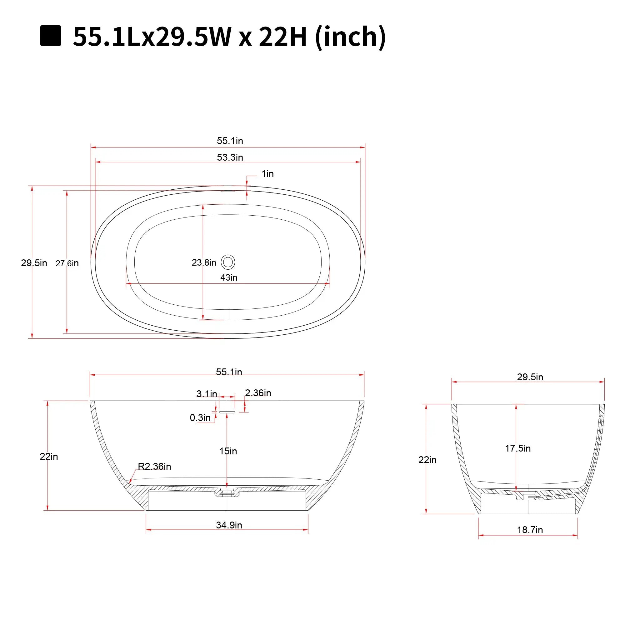 55'' Freestanding Bathtub Resin Stone Soaking Bathtub by HouseOfZazla