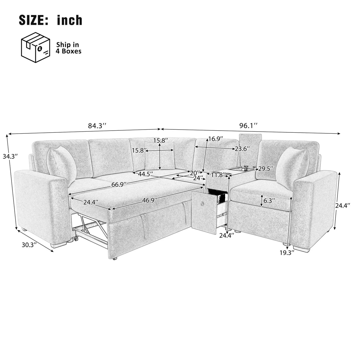 Modular L-Shaped Sectional Sofa Bed With Pull-Out Sleeper, Cup Holders, And Storage by Unique Piece Furniture