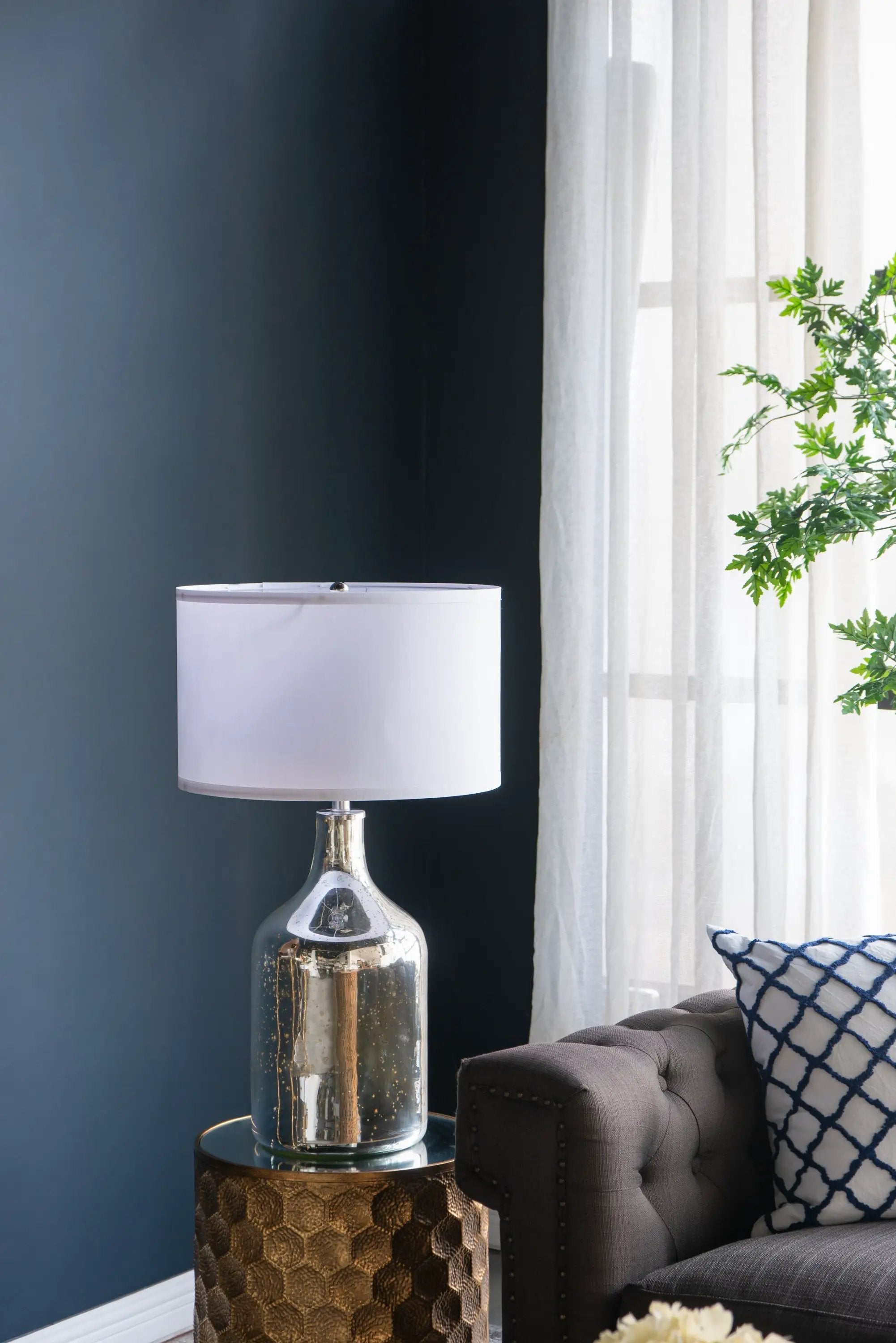 Silver Round Table Lamp with White Fabric Shade by HouseOfZazla