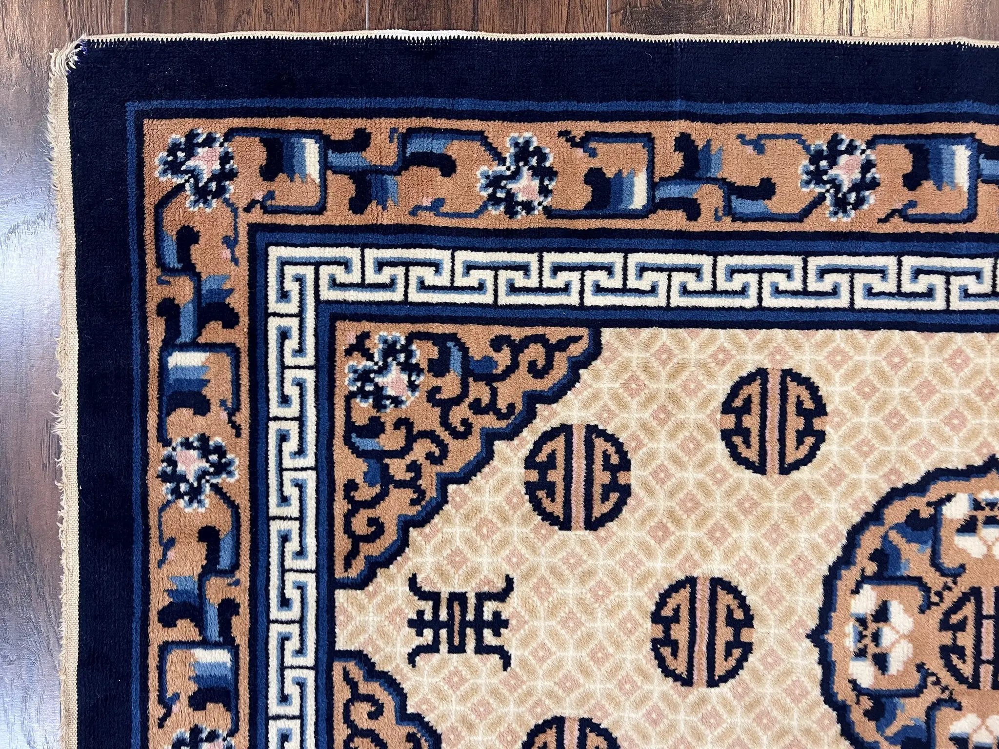 Chinese Peking Rug 3x5, Antique Chinese Art Deco Carpet, Blue Ivory Tan, Hand Knotted Wool Asian Oriental Rug 3 x 5 Vintage Small Peking Rug by Jewel Rugs