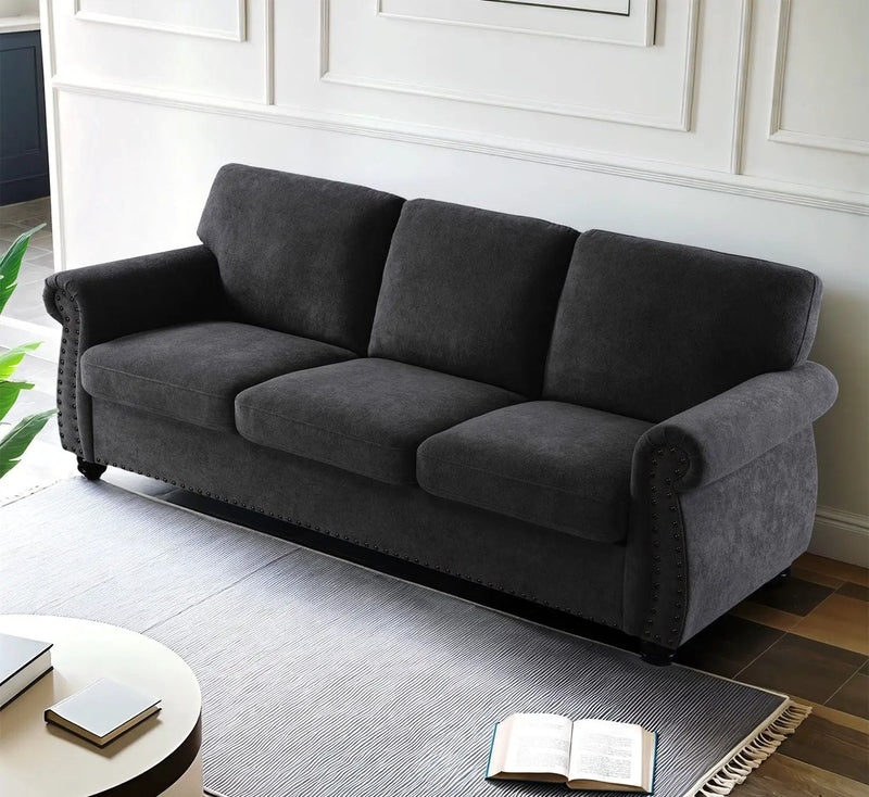 Soft Sofa, Upholstered 3 Seater Couch With High Density Foam, Loose Back Cushions And Turned Legs by HouseOfZazla