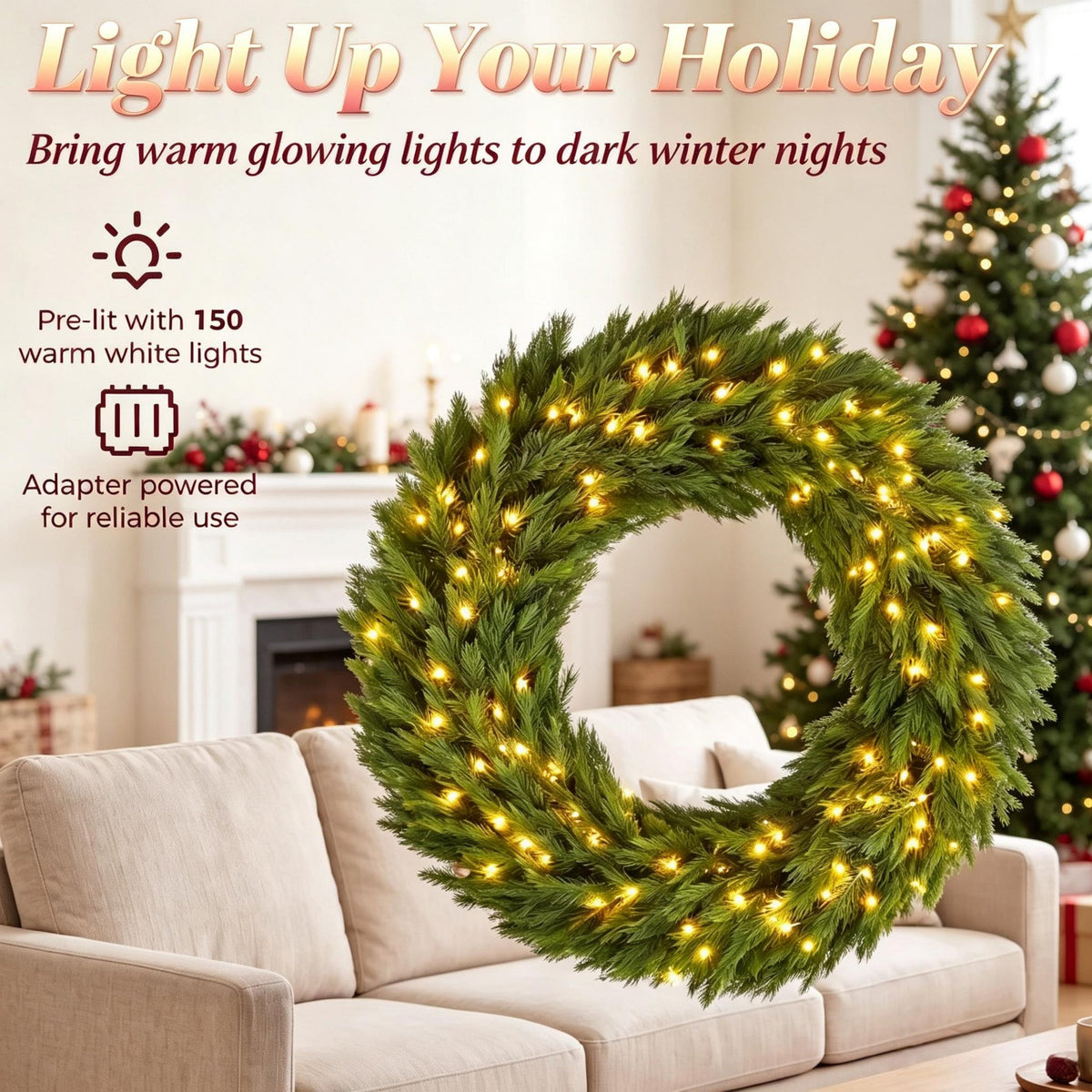 48in Pre-Lit Norwegian Spruce Christmas Wreath with 150 LED Lights - Green, photo 6 of 8
