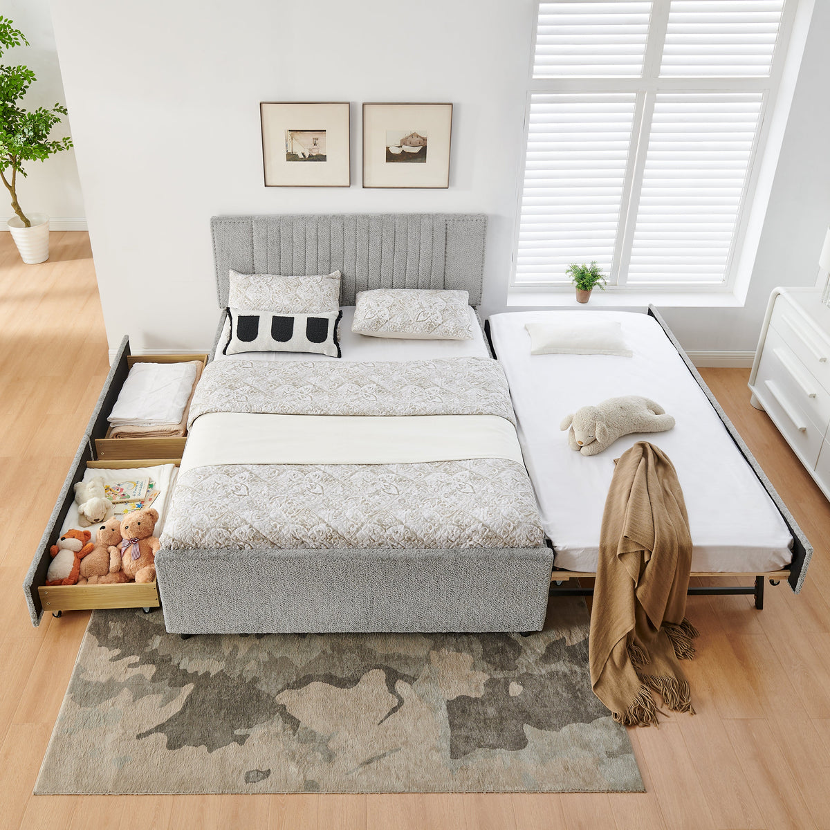 Queen Size Vertical Channel Tufted Headboard & Nailhead Trim Space Saving Upholstered Bed, Multi-functional Design with 2 Storage Drawers and Pull-out Trundle Bed, Chenille, photo 5 of 10