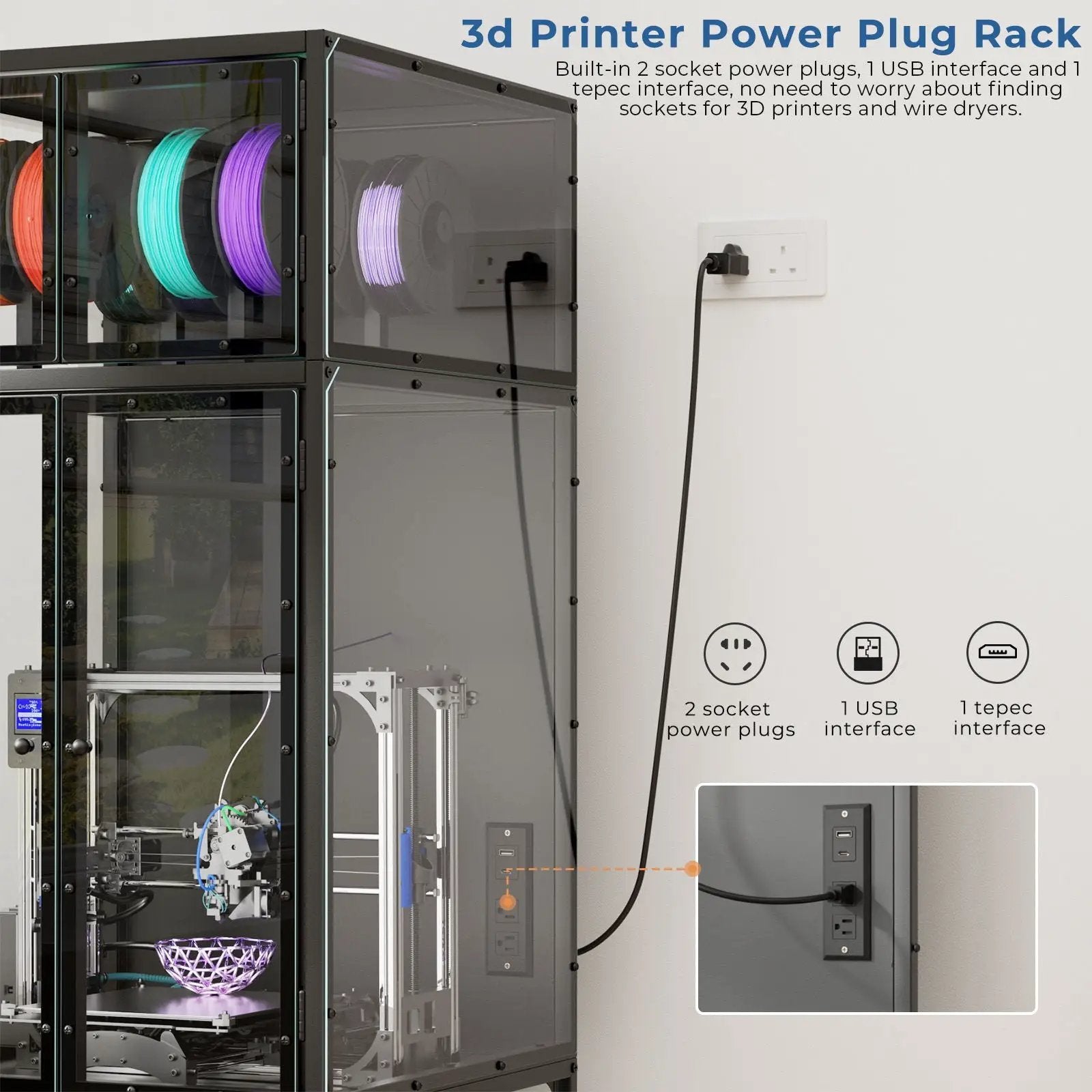 3D Printer Cabinet With Double Layer Filament Storage, T-Shaped Filament Bar, Noise Reducing And Dust Proof Design - Black by Unique Piece Furniture