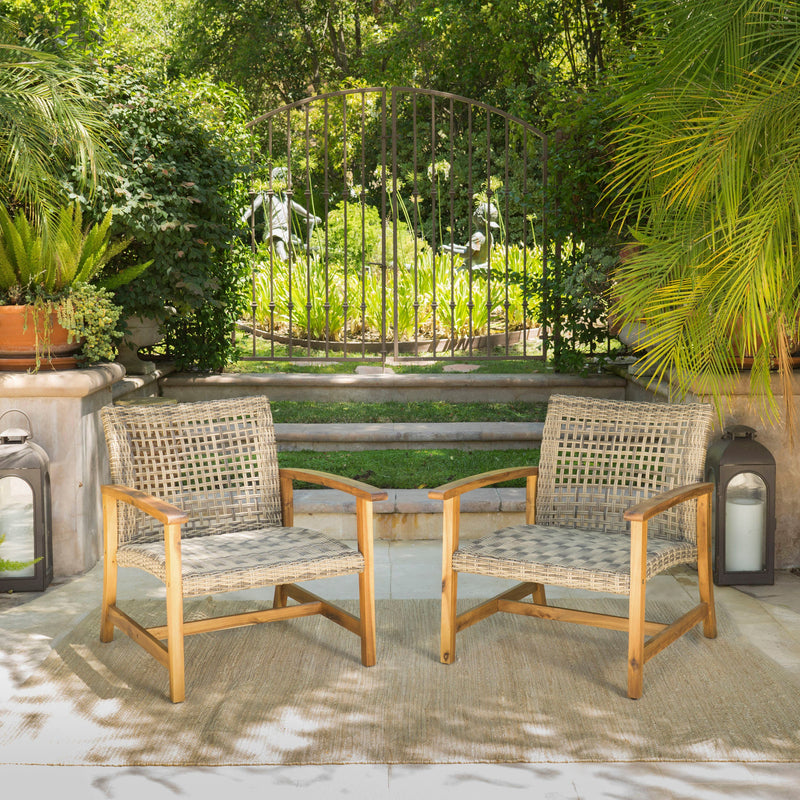 Outdoor Acacia Wood Wicker Club Chairs with Acacia Wood Frame - 2-Pcs Set