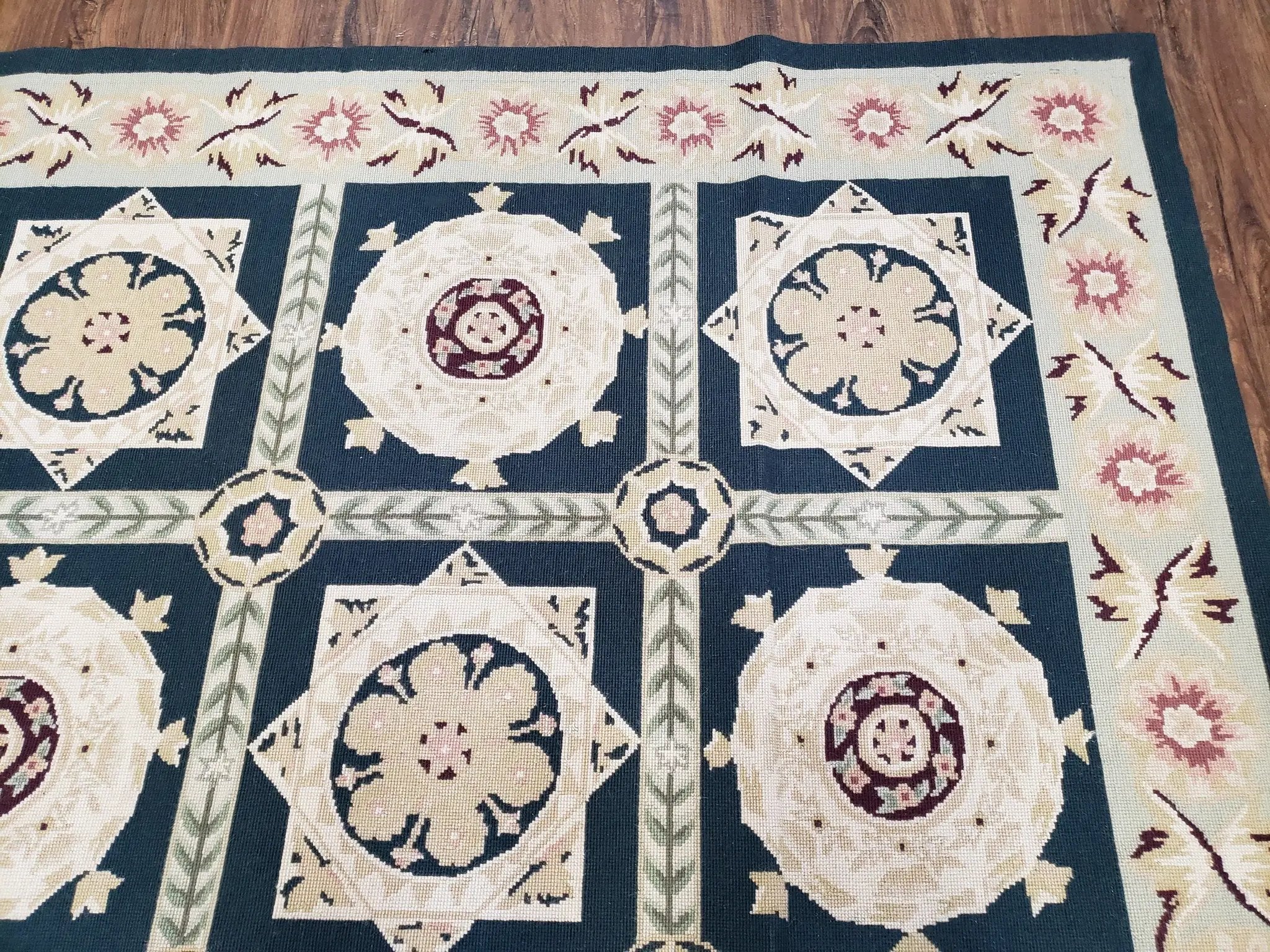 Vintage Chinese Needlepoint Rug 6x9, Panel Design Area Rug Wool Hand-Woven Black & Ivory Carpet Flat Weave Bedroom Rug 6 x 9 Living Room Rug by Jewel Rugs