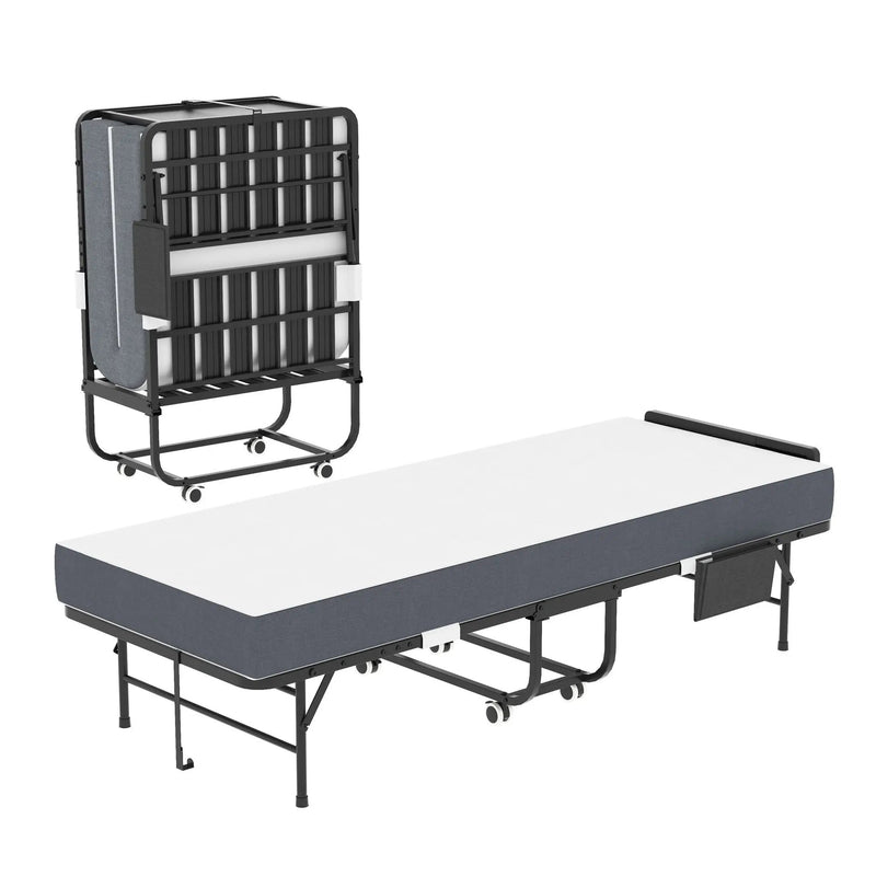 Twin Folding Bed With Adjustable Headboard & Memory Foam, Space Saving Rollaway Guest For Tall People, Portable On Wheels, Easy Assembly - Black by Unique Piece Furniture