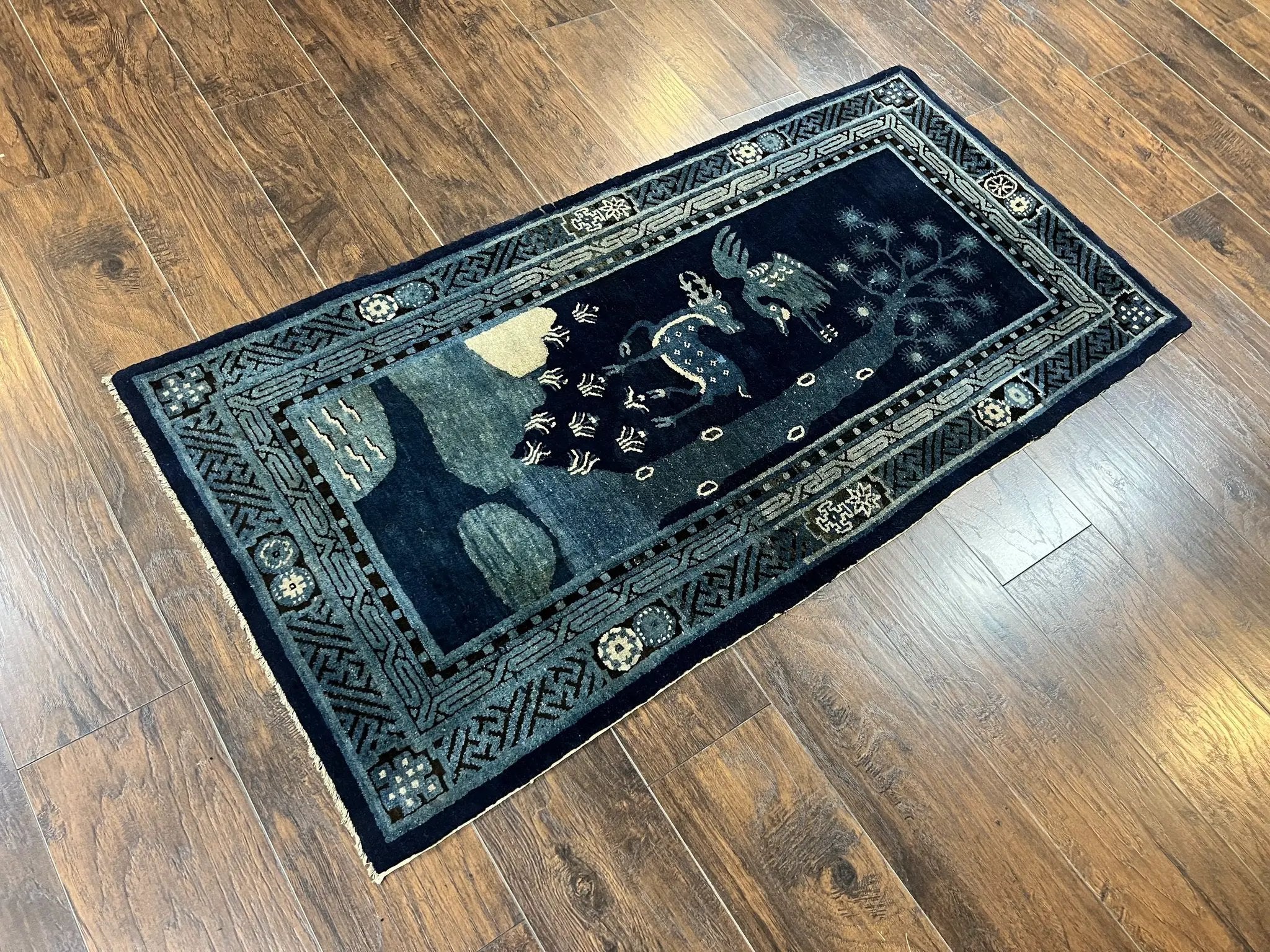 Antique Chinese Peking Rug 3x5, Dark Blue Chinese Wool Rug 3 x 5, Animal Pictorials Deer Birds, Handmade Asian Oriental Chinese Carpet by Jewel Rugs