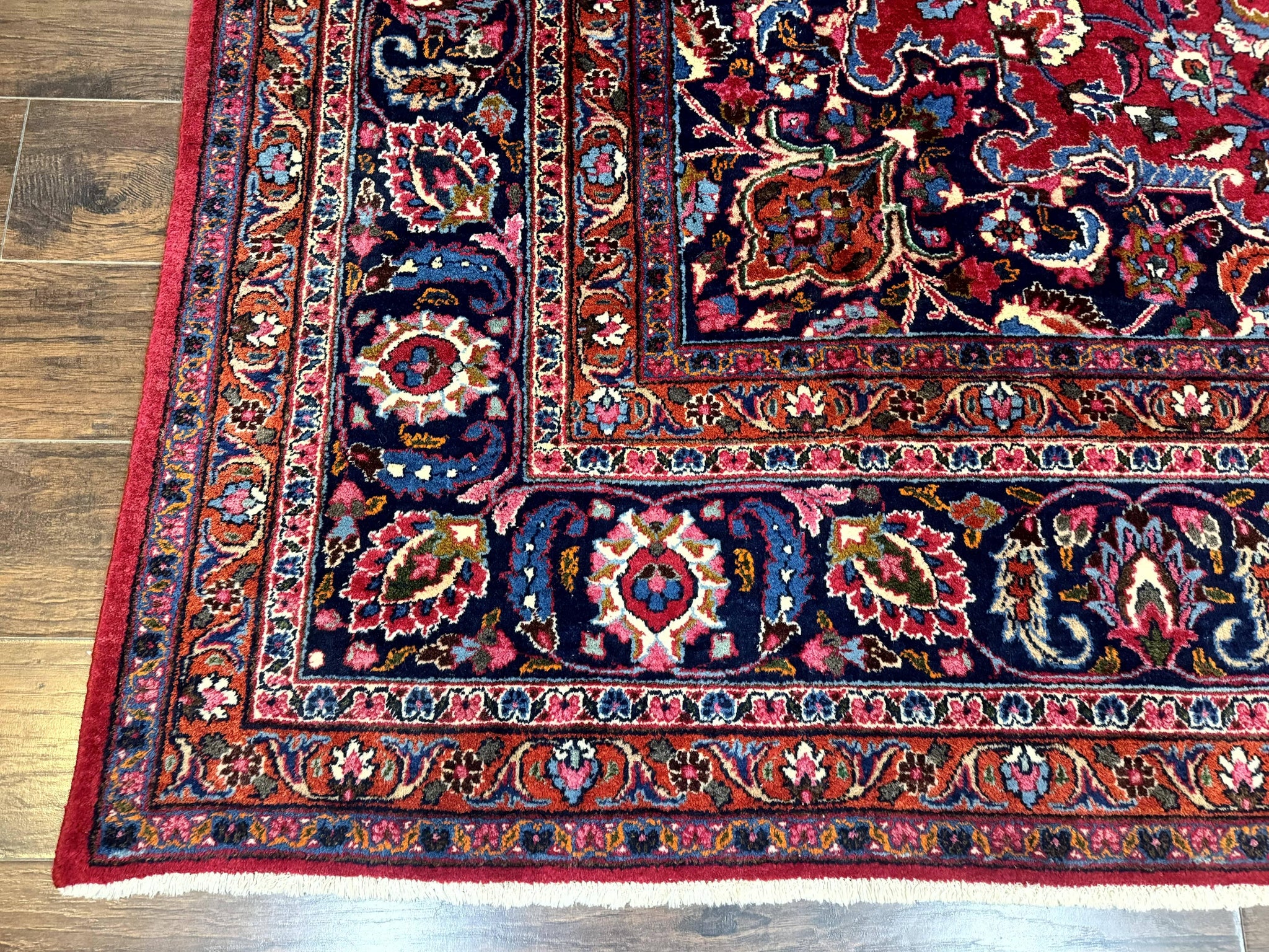 Antique Persian Mashad Rug 10x13, Red and Navy Blue, Great Colors, Signed By Masterweaver, Floral Medallion, Handmade Wool Persian Carpet by Jewel Rugs