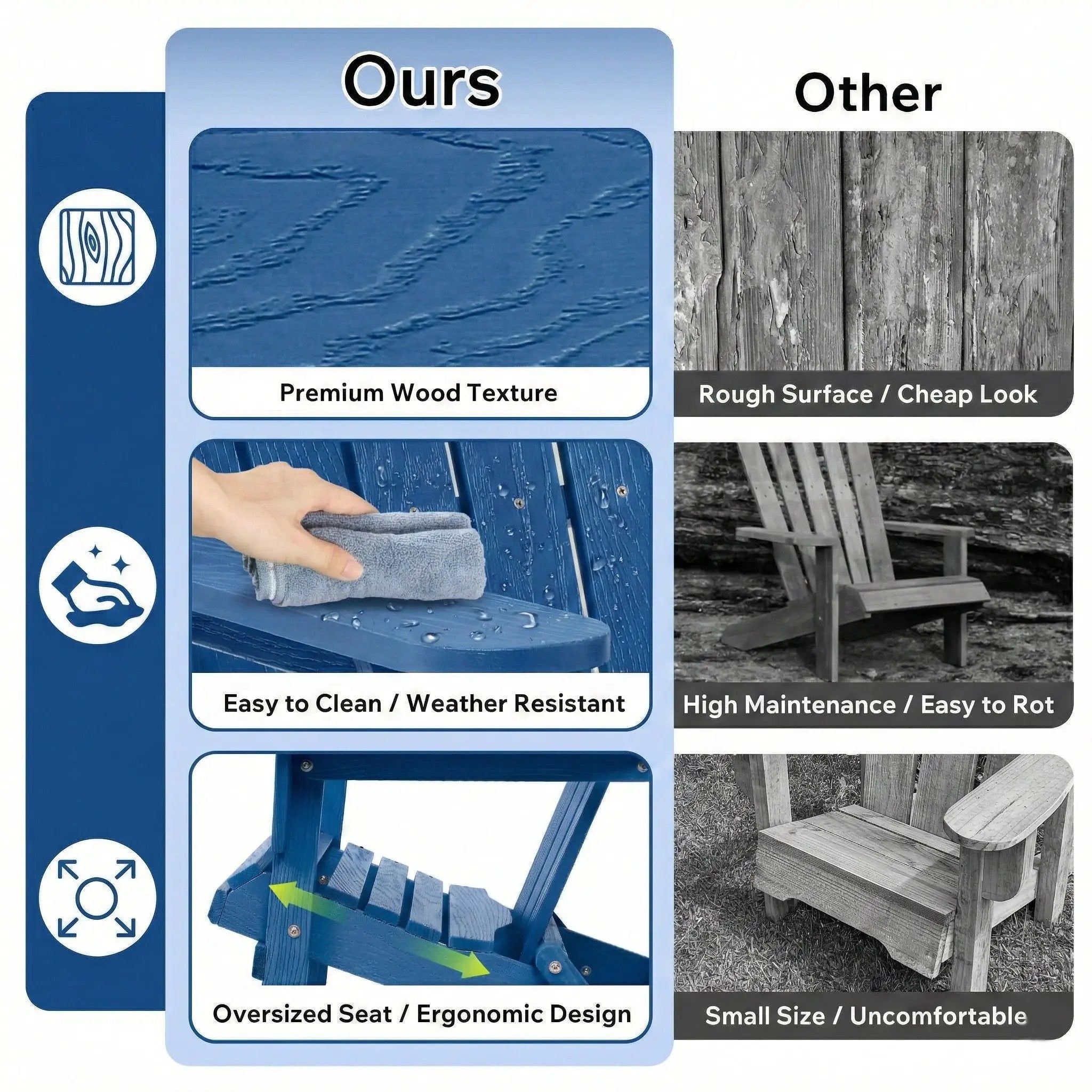 Outdoor Folding Adirondack Chair With Pre-Assembled BackRest & SeatBoard Patio - Navy Blue by Unique Piece Furniture