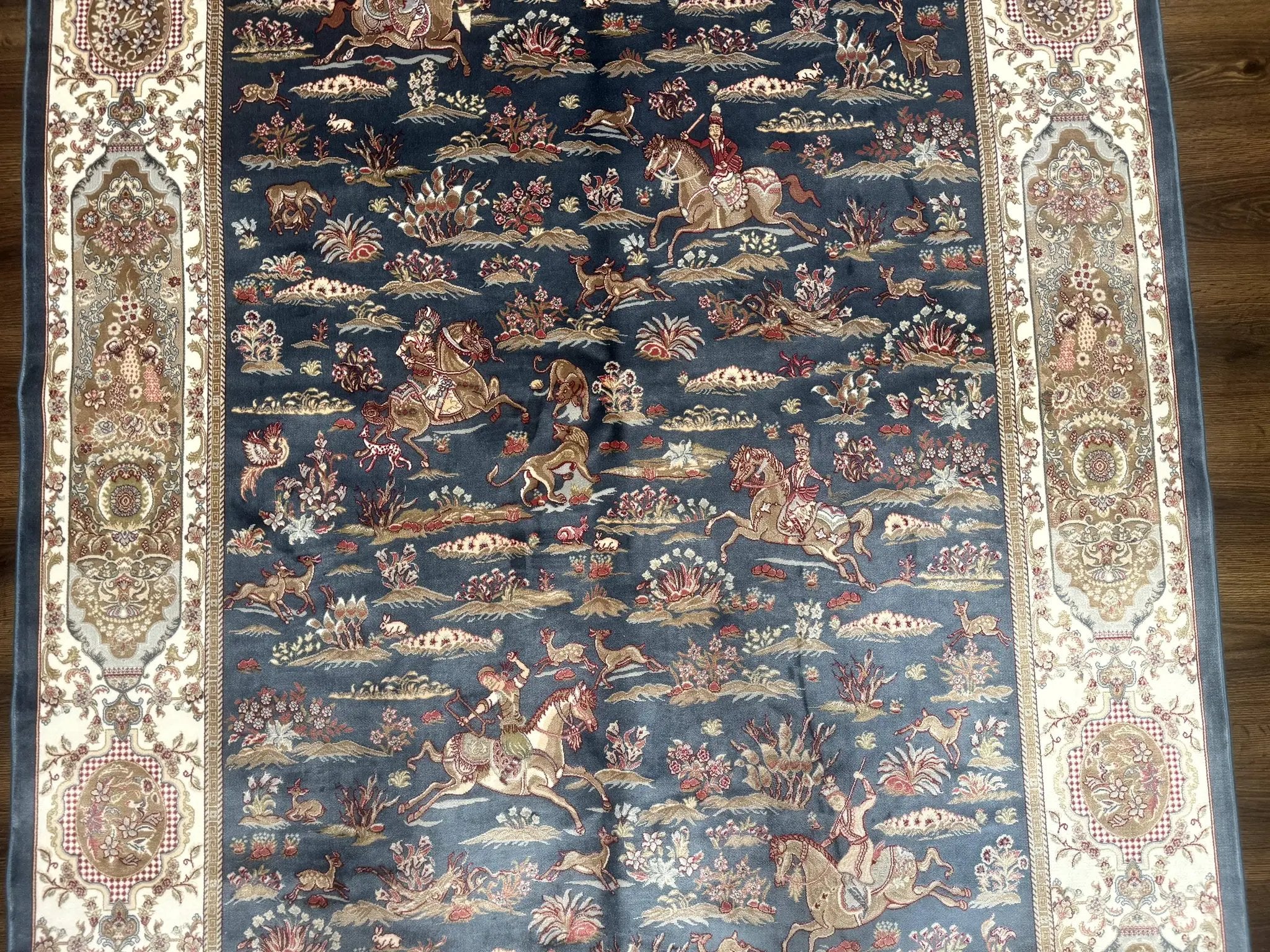 Turkish Silk Rug 5x8, Hunting Design, Animal Pictorials, Steel Blue & Ivory, Bamboo Silk by Jewel Rugs