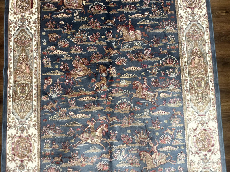 Turkish Silk Rug 5x8, Hunting Design, Animal Pictorials, Steel Blue & Ivory, Bamboo Silk by Jewel Rugs