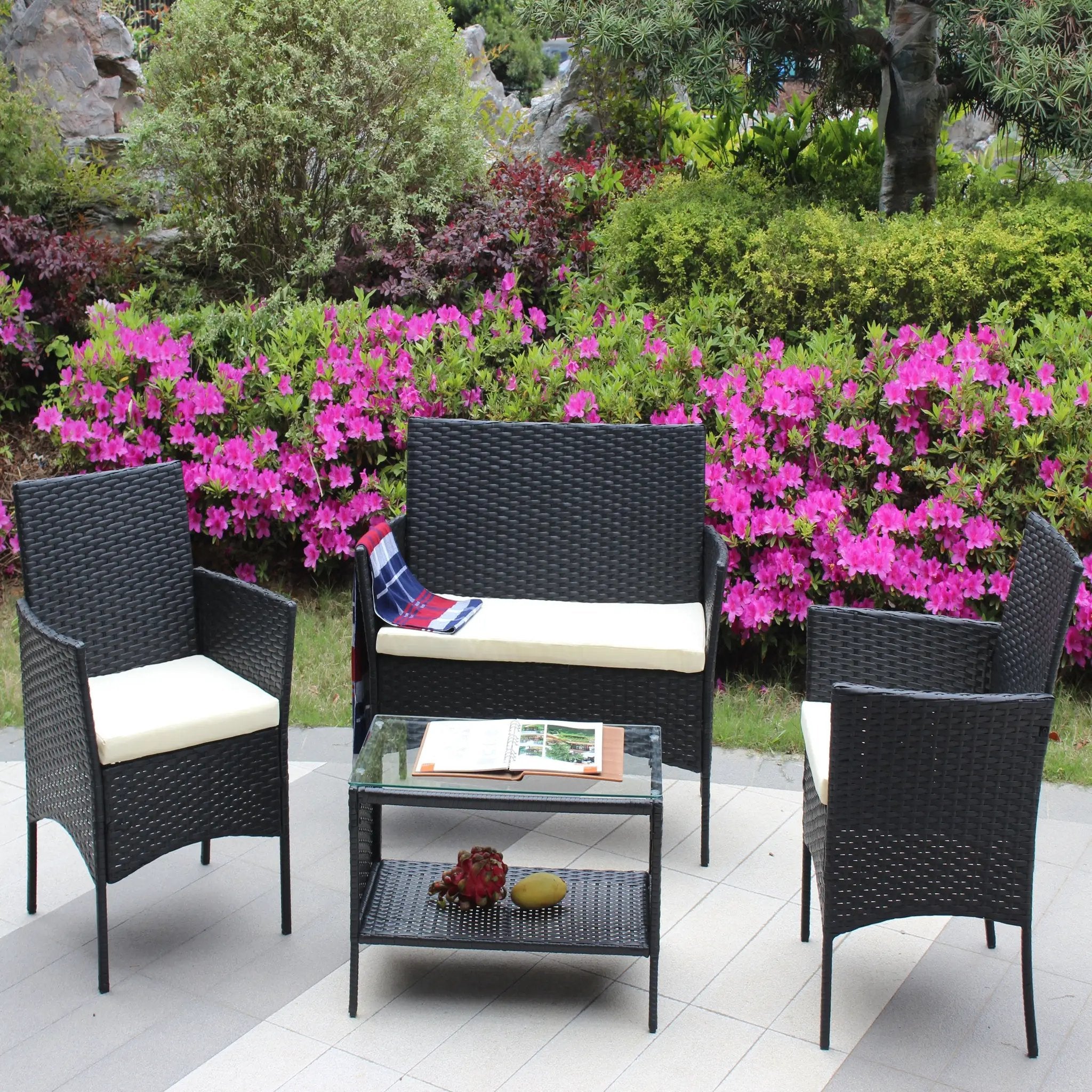 4 PC Rattan Patio Furniture Set Outdoor Cushioned Wicker Sofa by HouseOfZazla