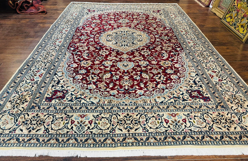 Persian Nain Rug 8x11, Wool and Silk Highlights, Burgundy & Ivory by Jewel Rugs