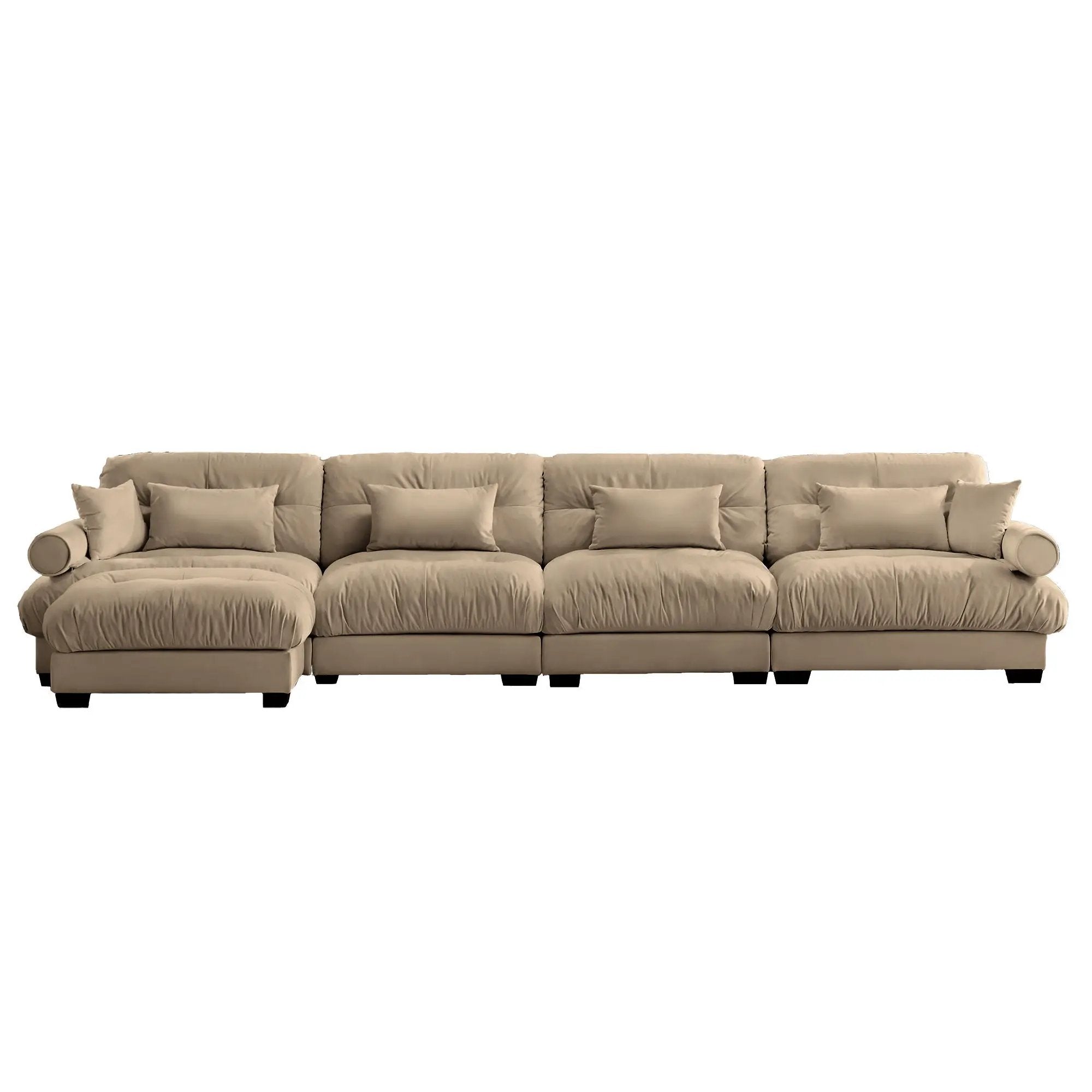 Modern Sectional Sofa With Ottoman, Round Bolster Armrests, Waist And Throw Pillows by HouseOfZazla