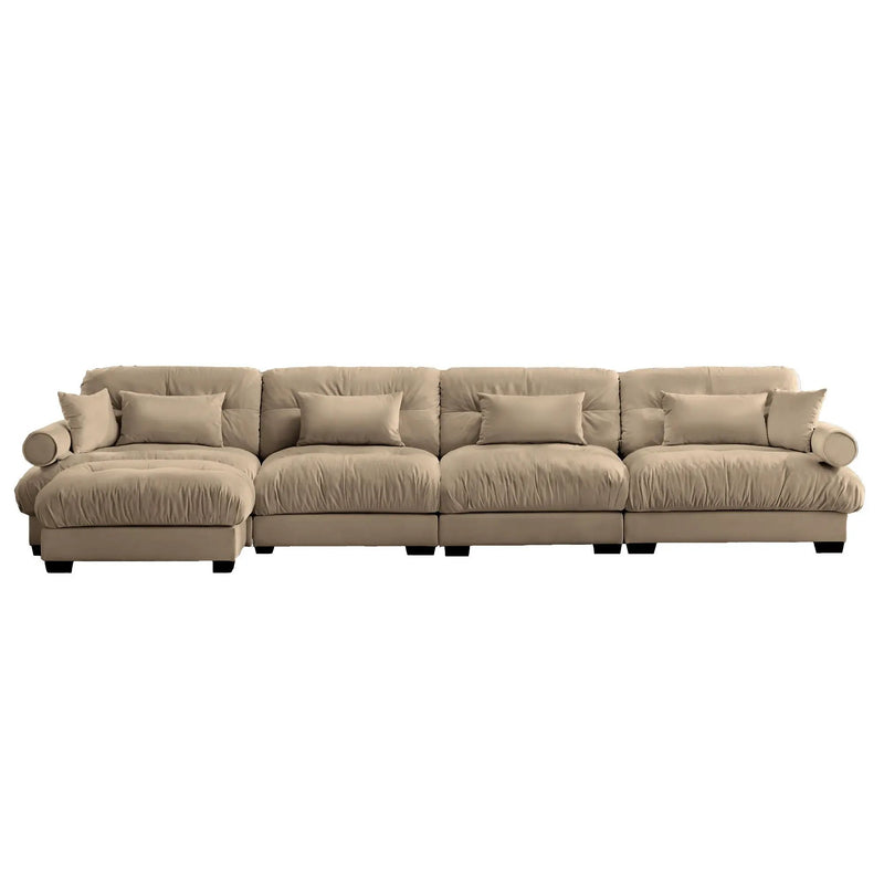 Modern Sectional Sofa With Ottoman, Round Bolster Armrests, Waist And Throw Pillows by HouseOfZazla