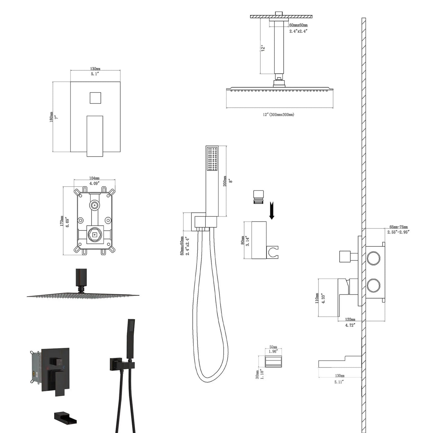 Modern Shower System With Waterfall Tub Spout, 12" Ceiling Mount Square Shower by HouseOfZazla