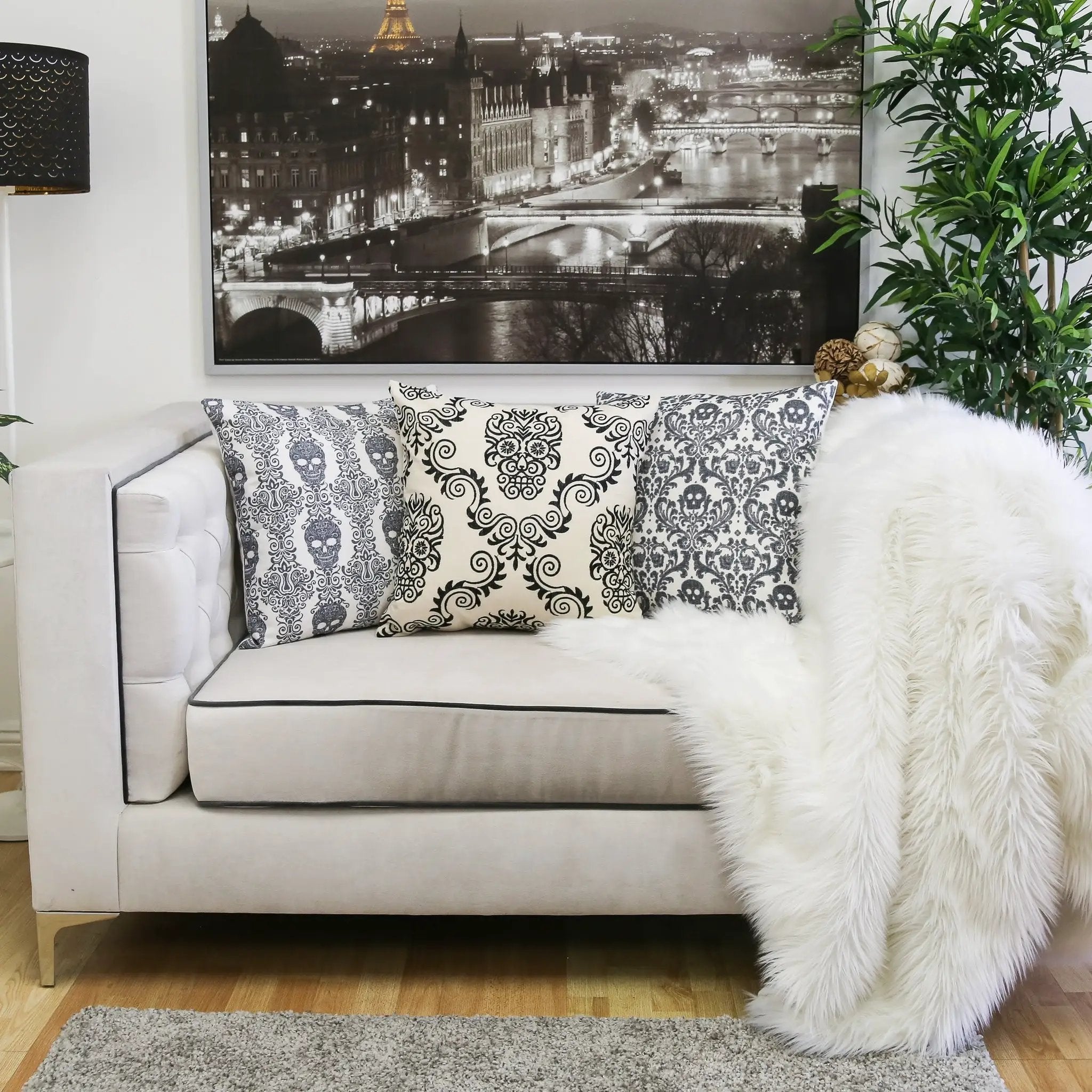 Baroque Skull Damask Accent Pillow – Black & White Day of the Dead Accent Cushion by HouseOfZazla