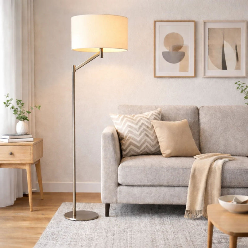 Serene - Floor Lamp With Rotary Switch Base Linen Shade - Brushed Nickel / White, photo 2 of 7