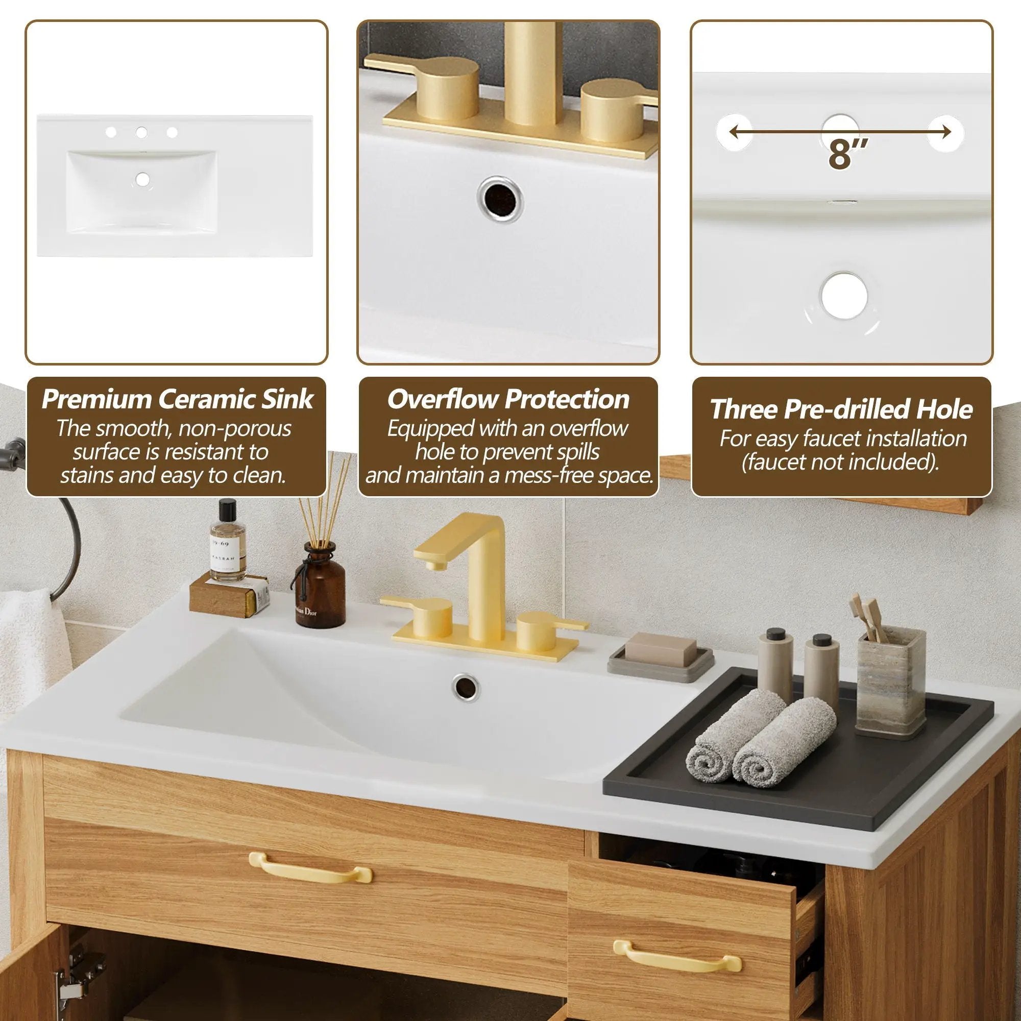 Bathroom Vanity, 2 Soft Close Doors, 3 Soft Close Drawers, Adjustable Shelf - Wood by HouseOfZazla