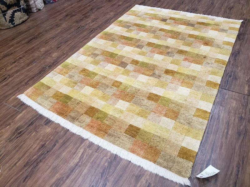 4x6 Tibetan Rug, Modern Abstract Handmade Area Rug, Checkerboard Pattern, Neutral Ivory Gold Tan Colors, Soft Pile, Mid Sized Rug, Nepali by Jewel Rugs