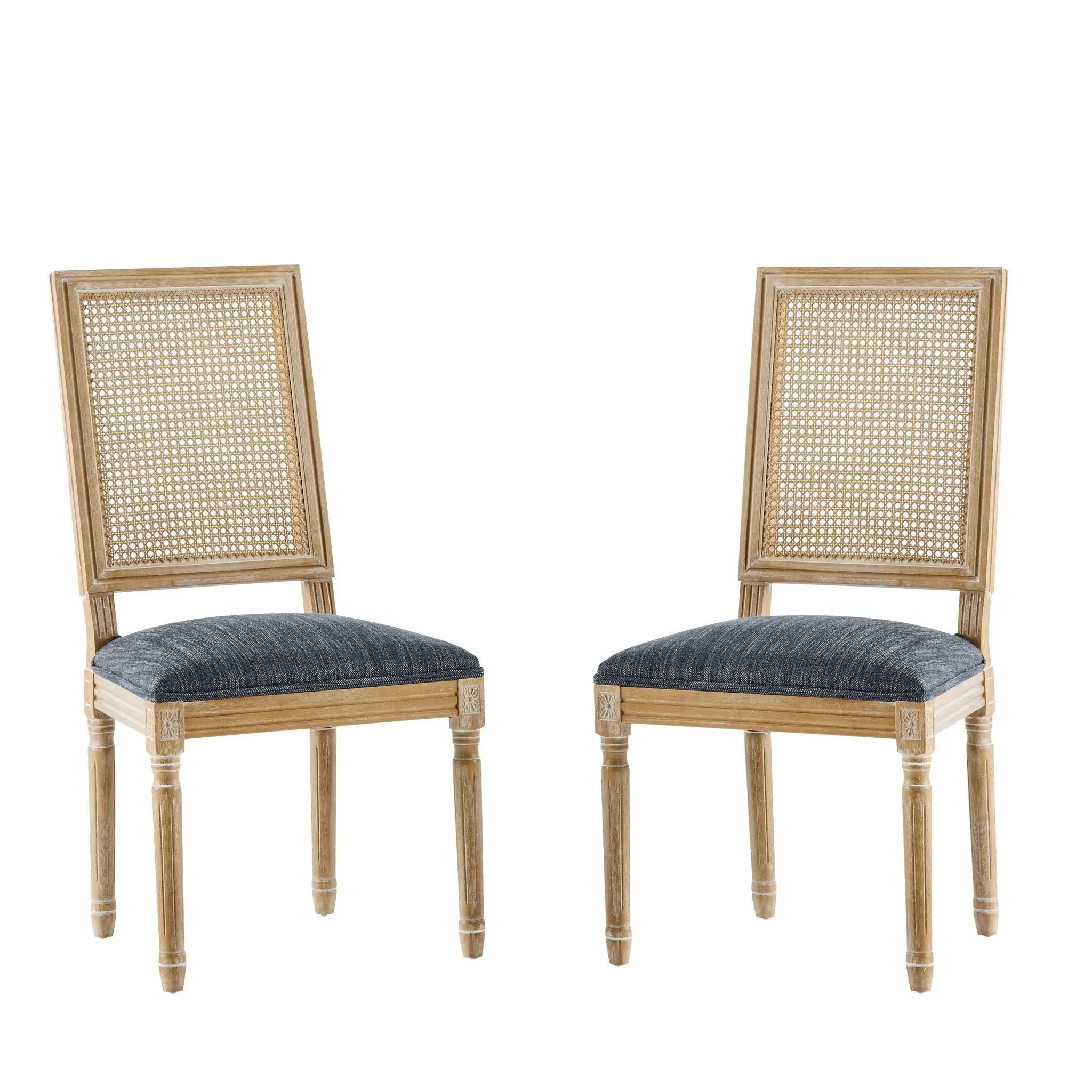 French Country Dining Chair With Rectangular Cane Backrest And Smooth Upholstered Seating by HouseOfZazla