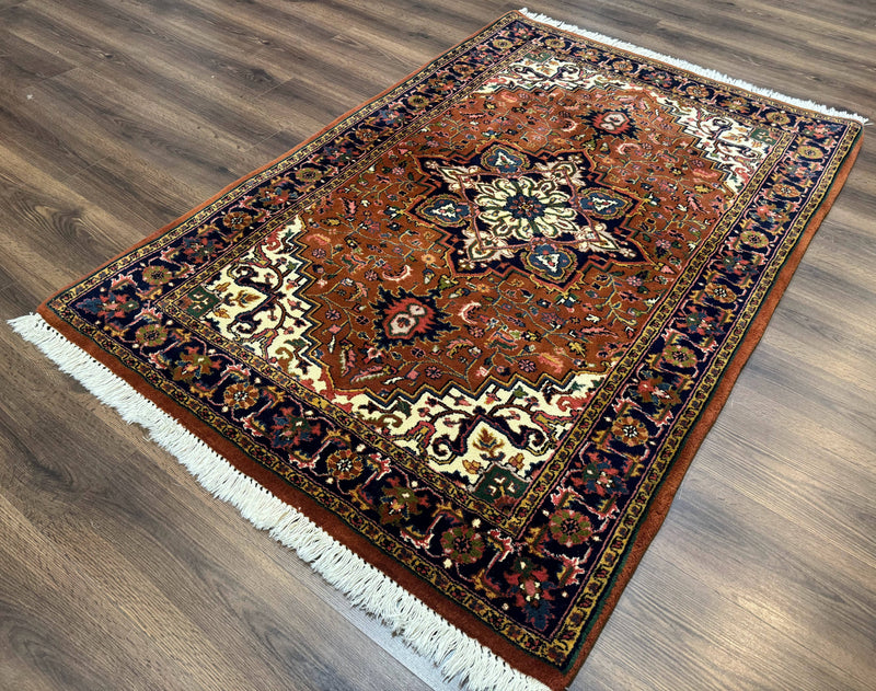Indo Persian Heriz Rug 4x6, Rust Red Navy Blue and Cream by Jewel Rugs