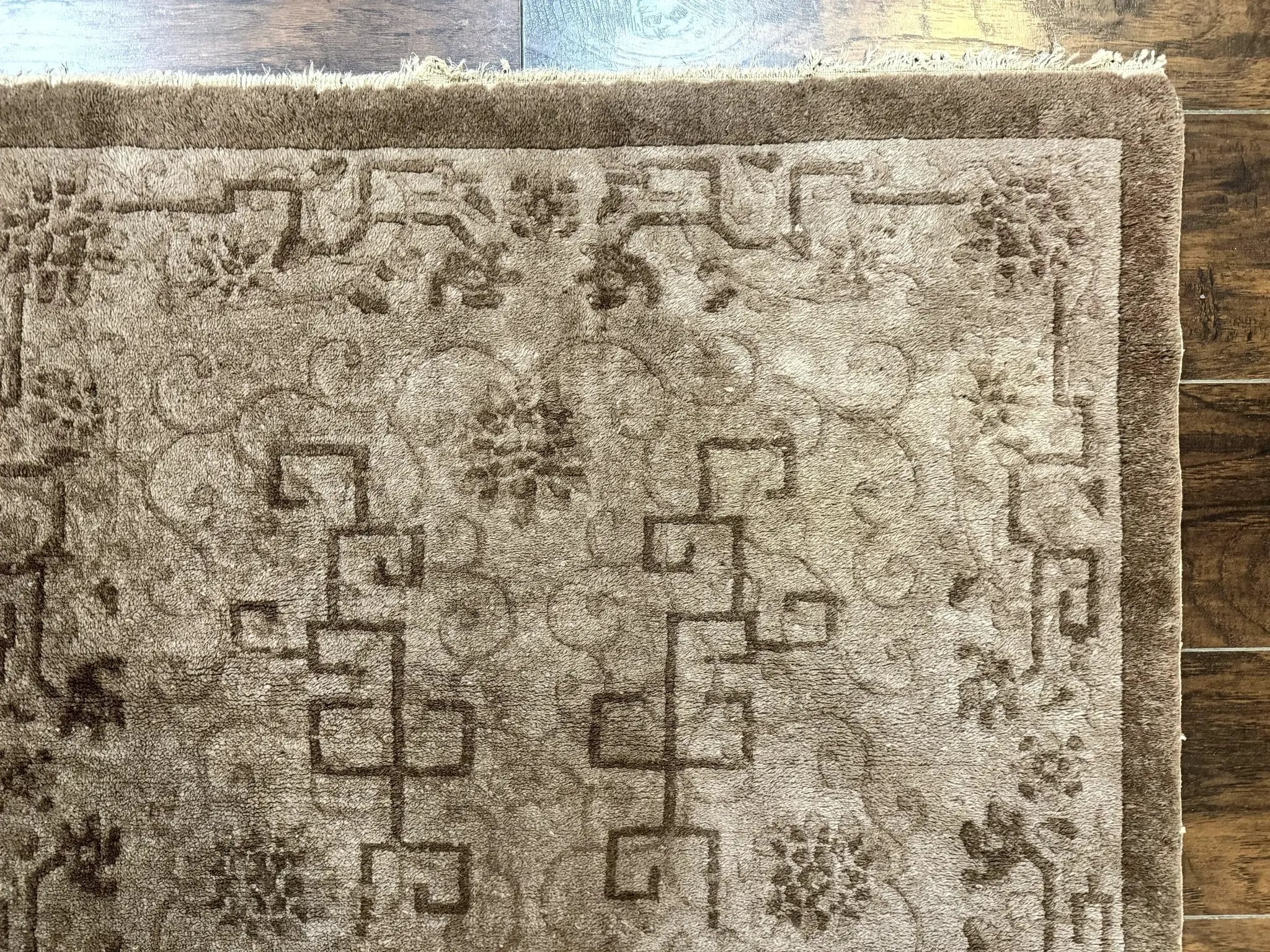 Antique Chinese Fette Rug 3x6, Taupe, Handmade Wool Chinese Carpet by Jewel Rugs