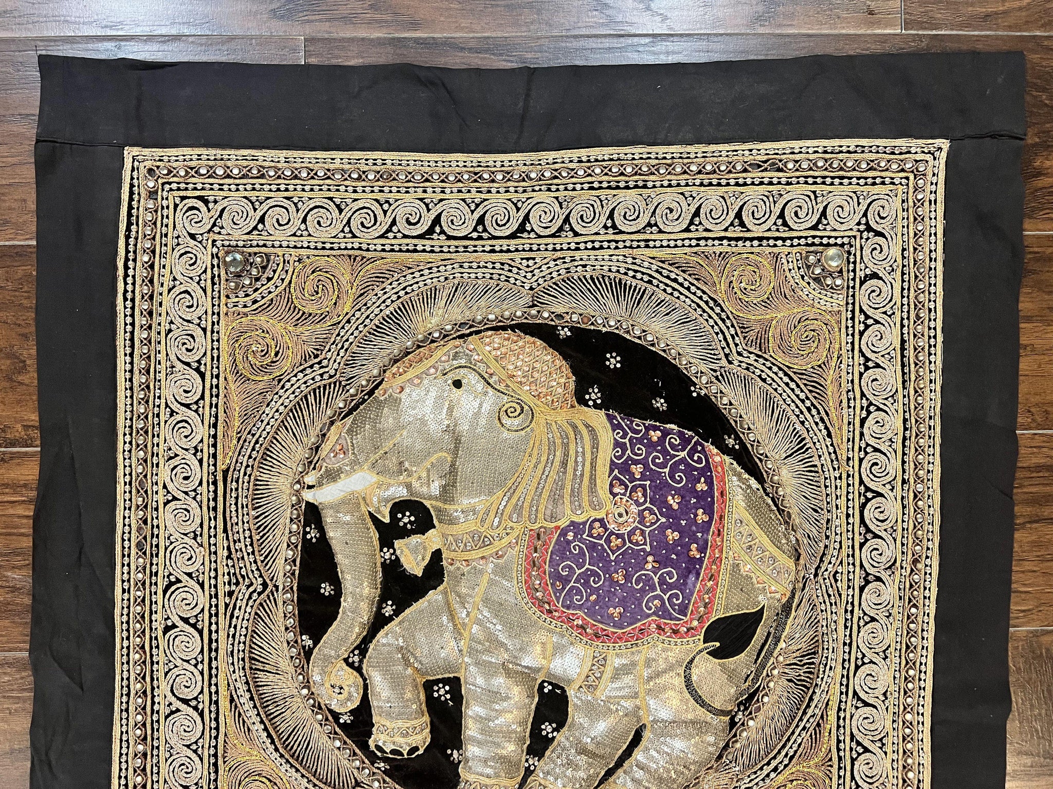 Indian Embroidery 3x3, Elephant Design, Detailed Needlepoint, Beadwork by Jewel Rugs