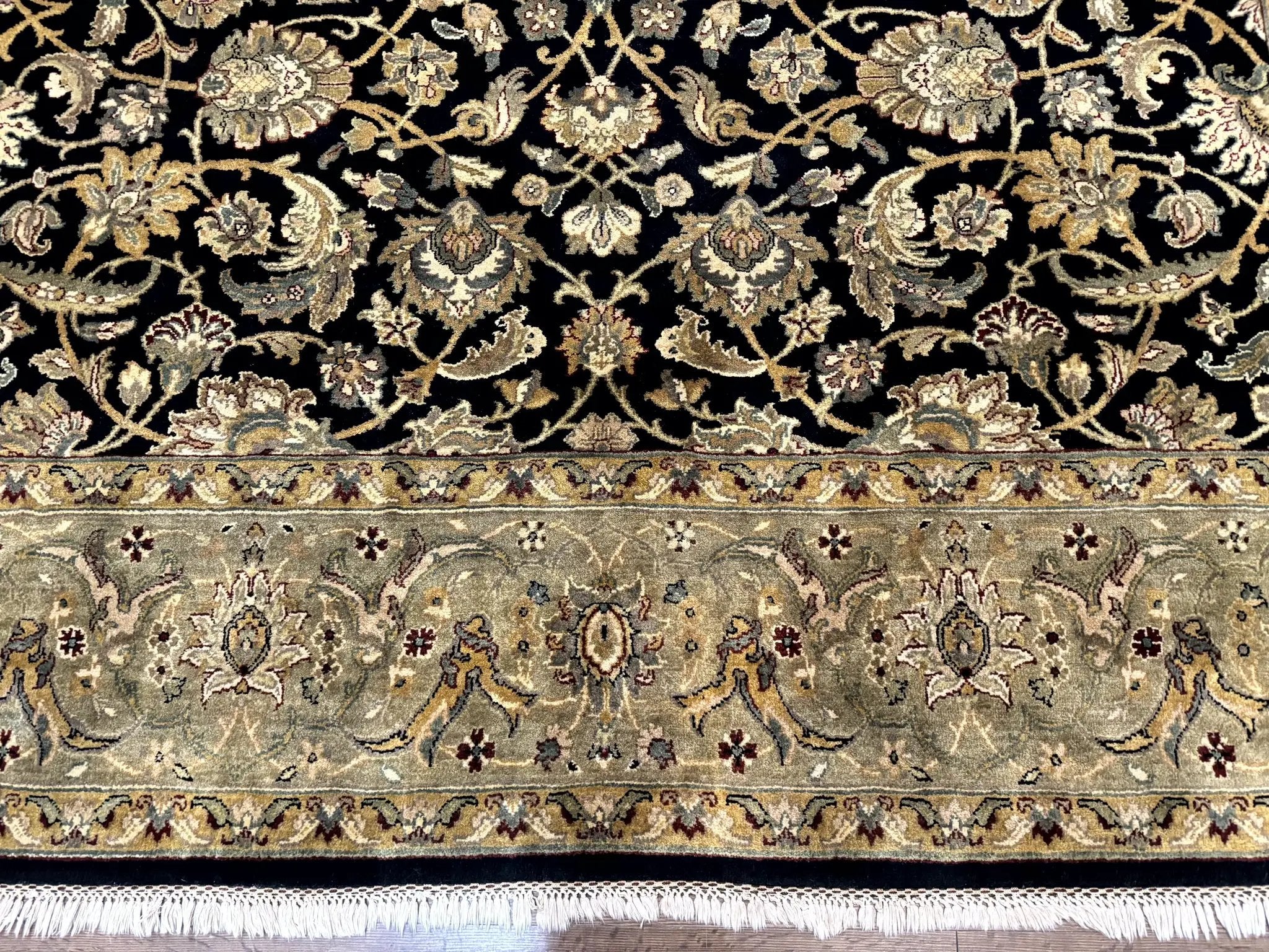 Indo Persian Rug 8x10, Black and Green, Wool, Handmade, Traditional, Floral Allover, Vintage by Jewel Rugs