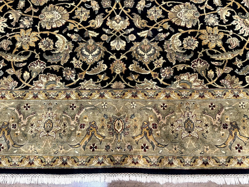 Indo Persian Rug 8x10, Black and Green, Wool, Handmade, Traditional, Floral Allover, Vintage by Jewel Rugs