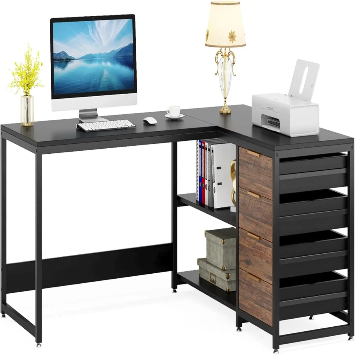 L-Shaped Computer Desk With Drawers And Shelves, Workstation For Home Office by HouseOfZazla