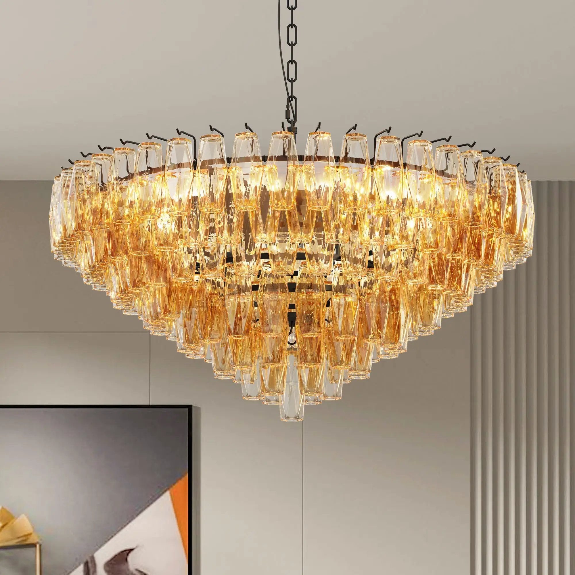 Modern Round 14-Light Black Chandelier with Smoke Glass Tubes by HouseOfZazla