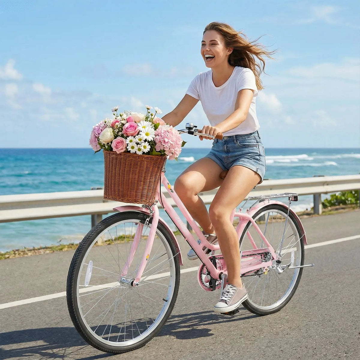 26" Beach Cruiser Bike for Women with Basket and Rear Rack by DirectDeals