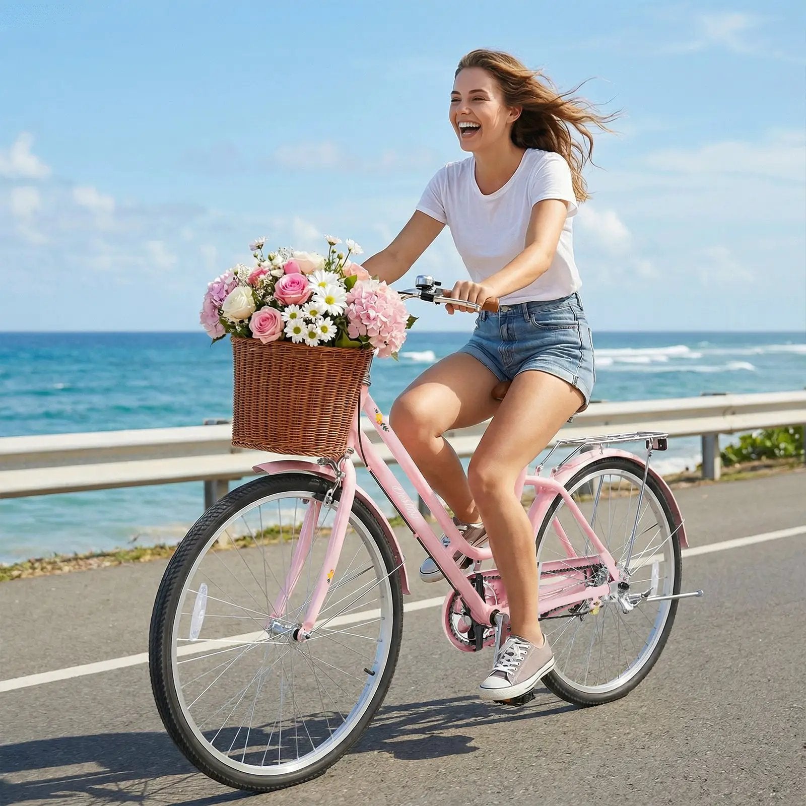 26" Beach Cruiser Bike for Women with Basket and Rear Rack by DirectDeals