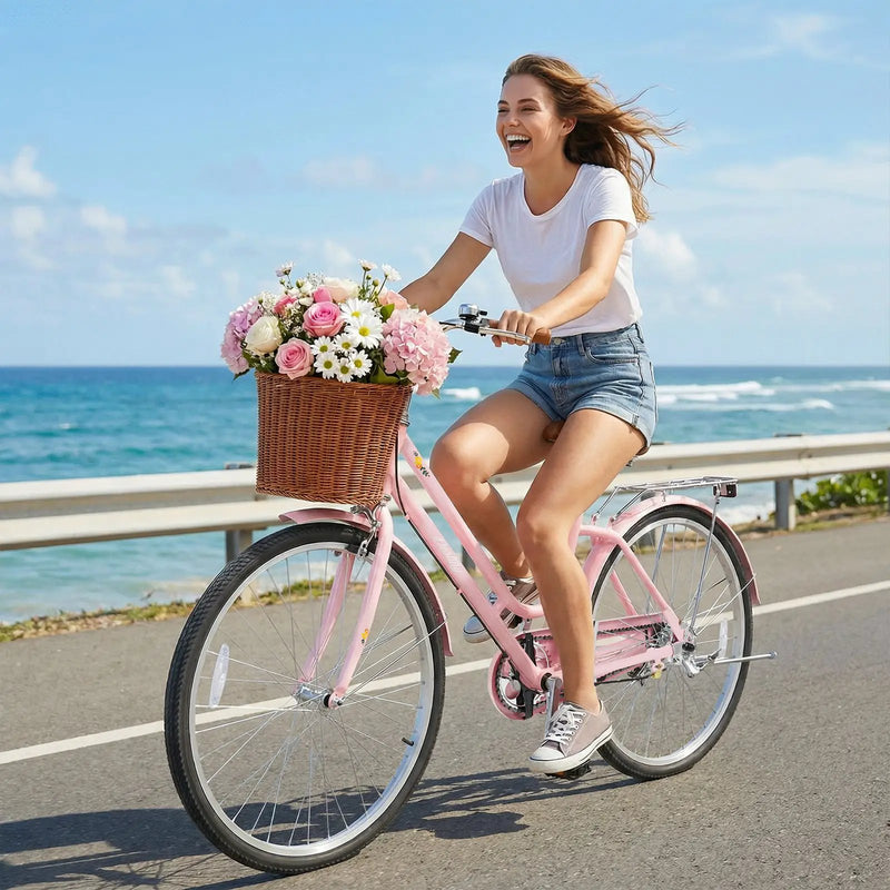 26" Beach Cruiser Bike for Women with Basket and Rear Rack by DirectDeals