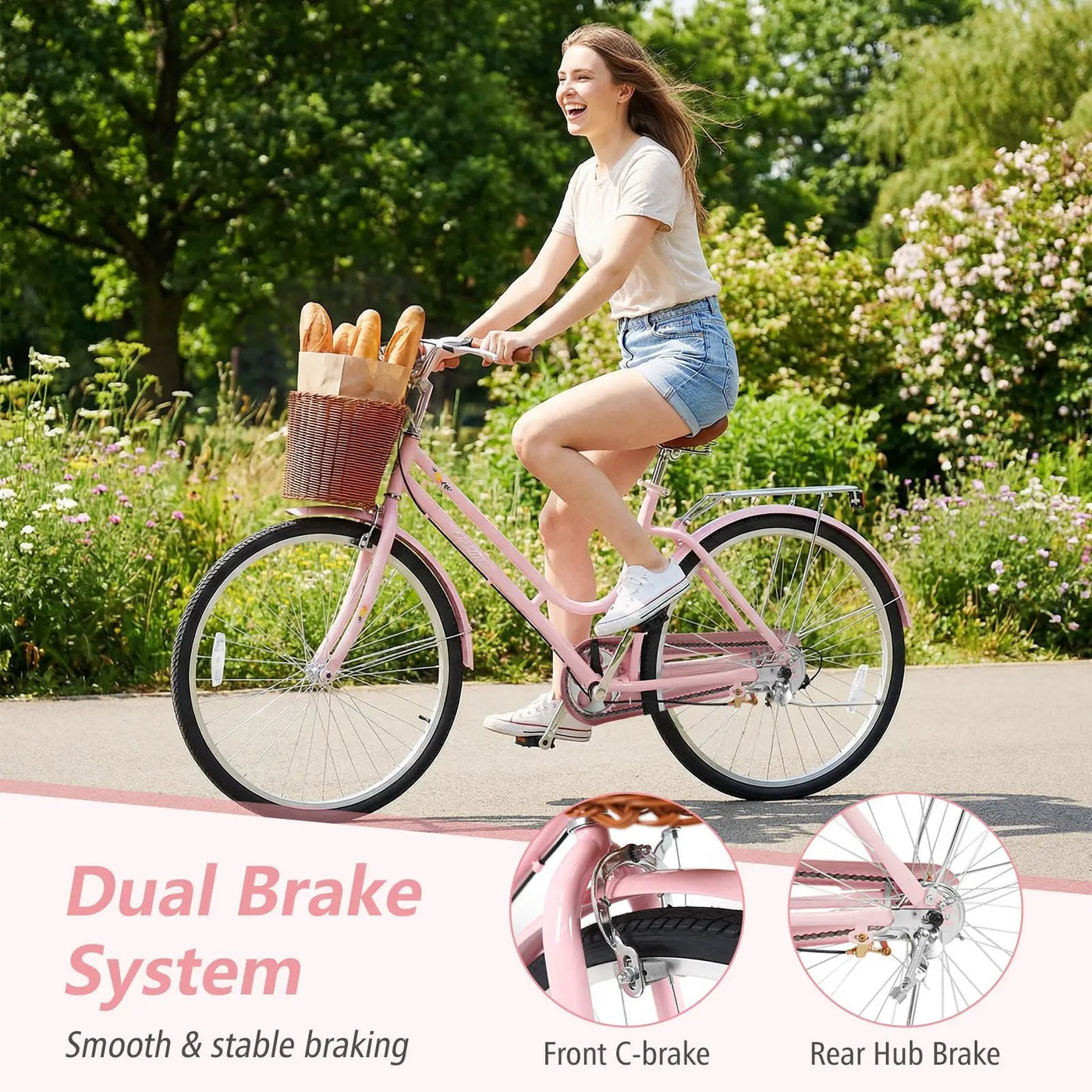 26" Beach Cruiser Bike for Women with Basket and Rear Rack by DirectDeals