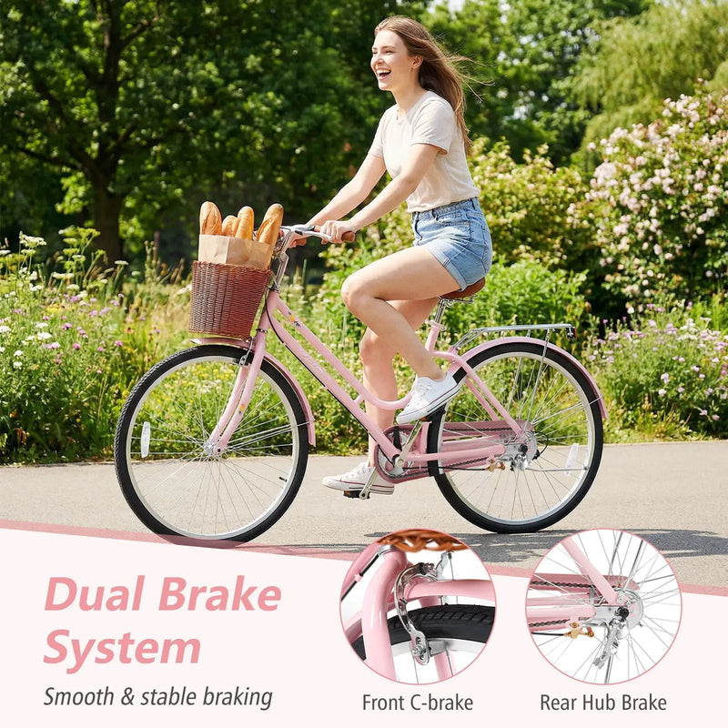 26" Beach Cruiser Bike for Women with Basket and Rear Rack by DirectDeals