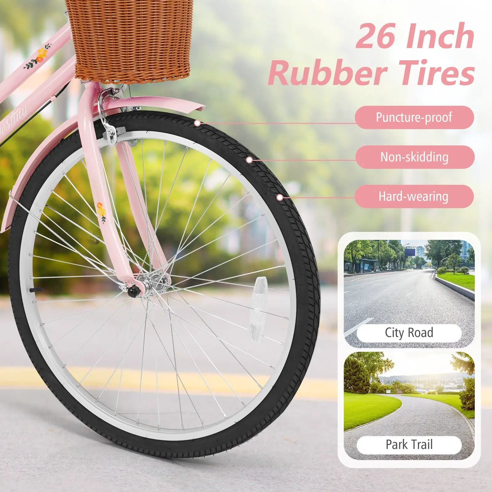 26" Beach Cruiser Bike for Women with Basket and Rear Rack by DirectDeals