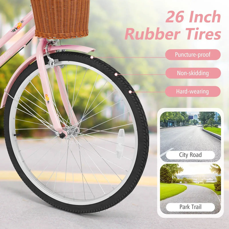 26" Beach Cruiser Bike for Women with Basket and Rear Rack by DirectDeals