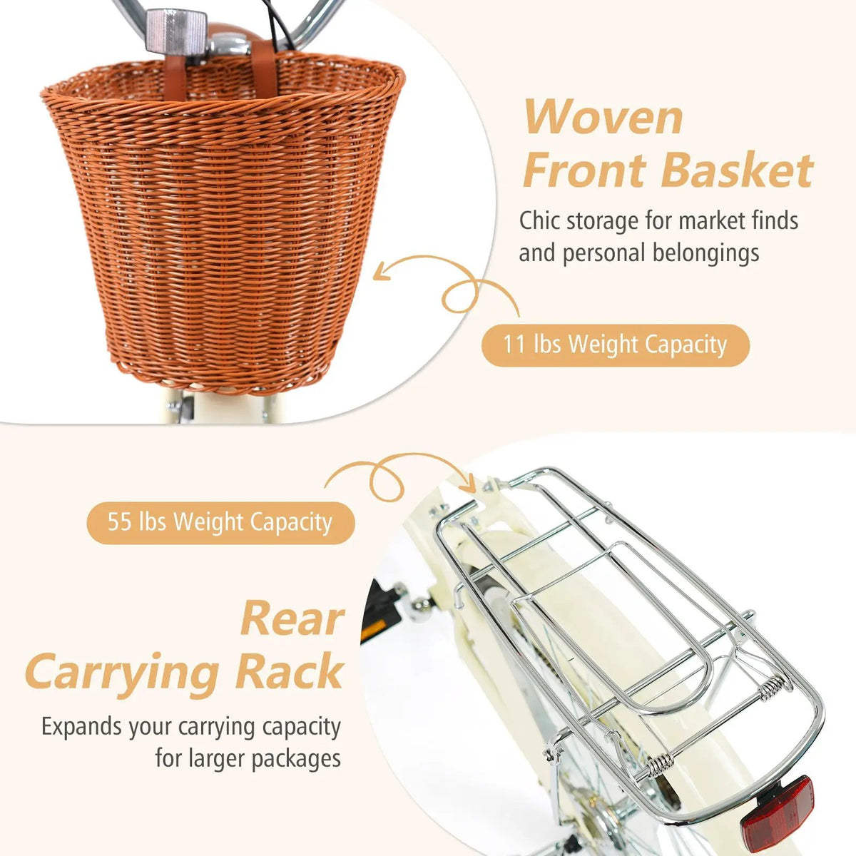 24/26 Inch Beach Cruiser Bike with Basket and Rear Rack by DirectDeals
