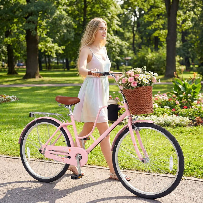 26-Inch Beach Cruiser Bike with Basket and Cup Holder - Pink by DirectDeals