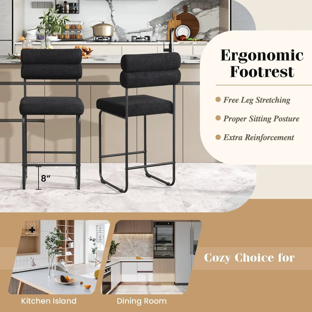 26 Inch Counter Height Bar Stools Set of 2 with Metal Frame and Footrest by DirectDeals
