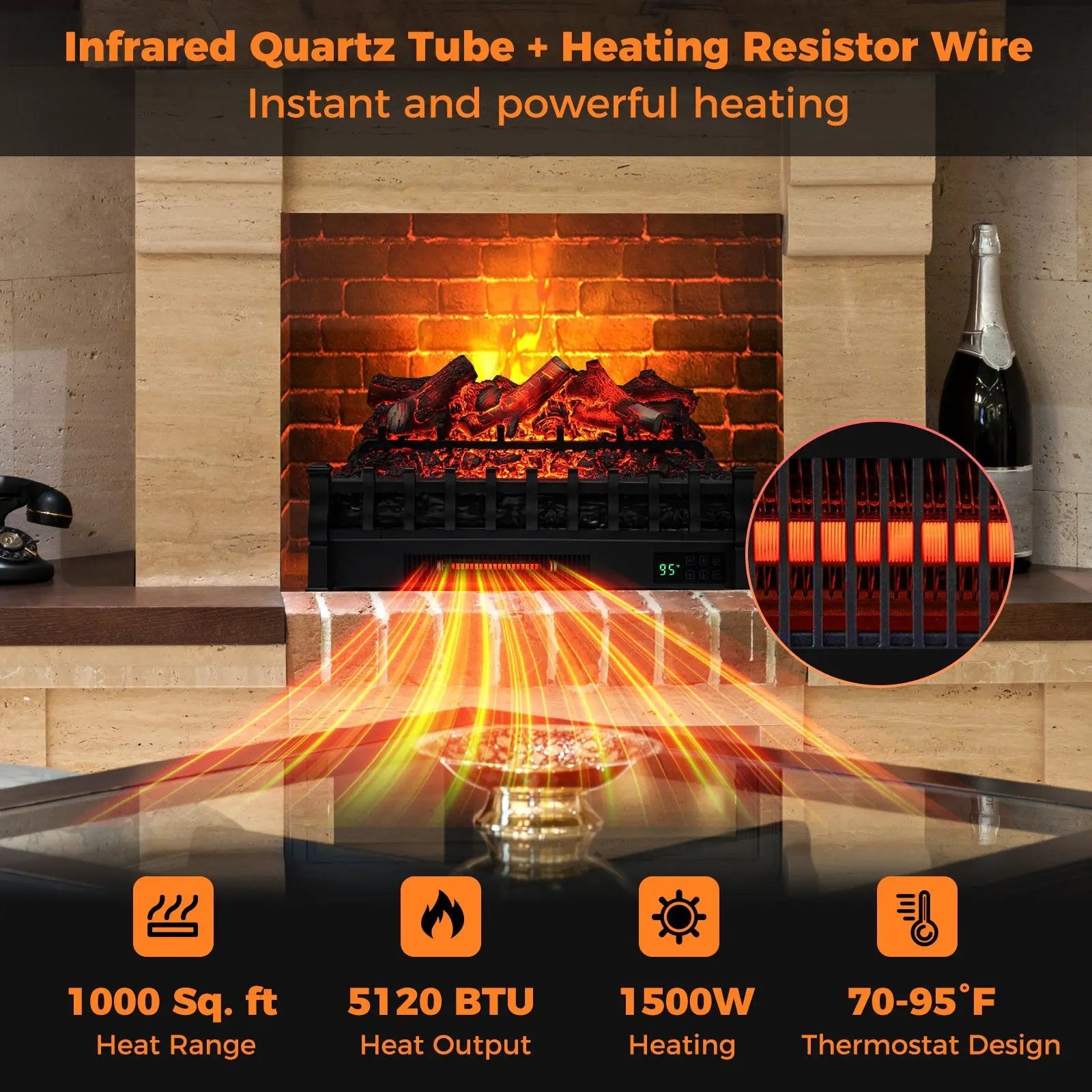 26 Inch Electric Fireplace Heater with Remote Control and Realistic Lemonwood Ember Bed-Black by DirectDeals