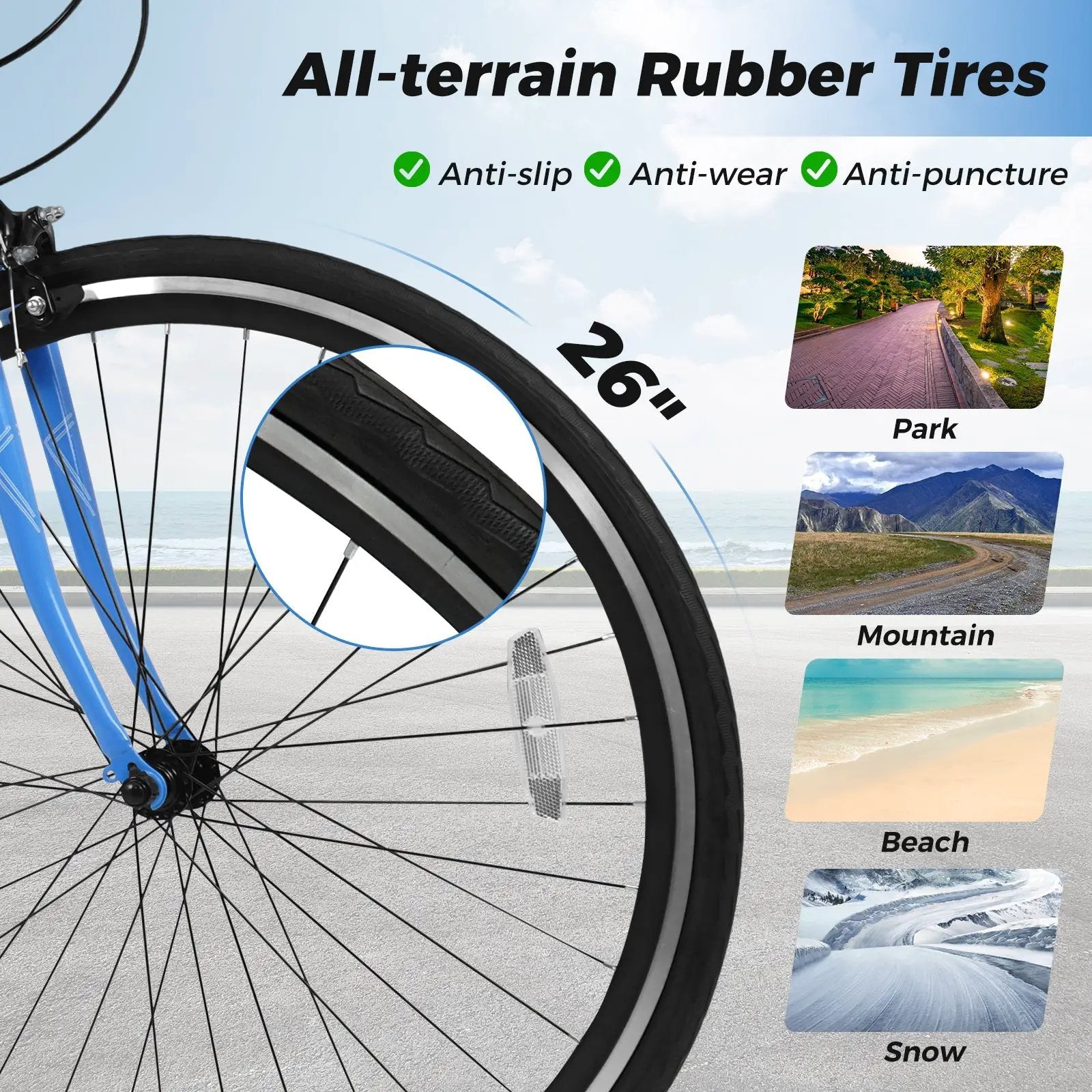 26 Inch Mountain Bike Adjustable with 6-Speed and All-terrain Rubber Wheels by DirectDeals