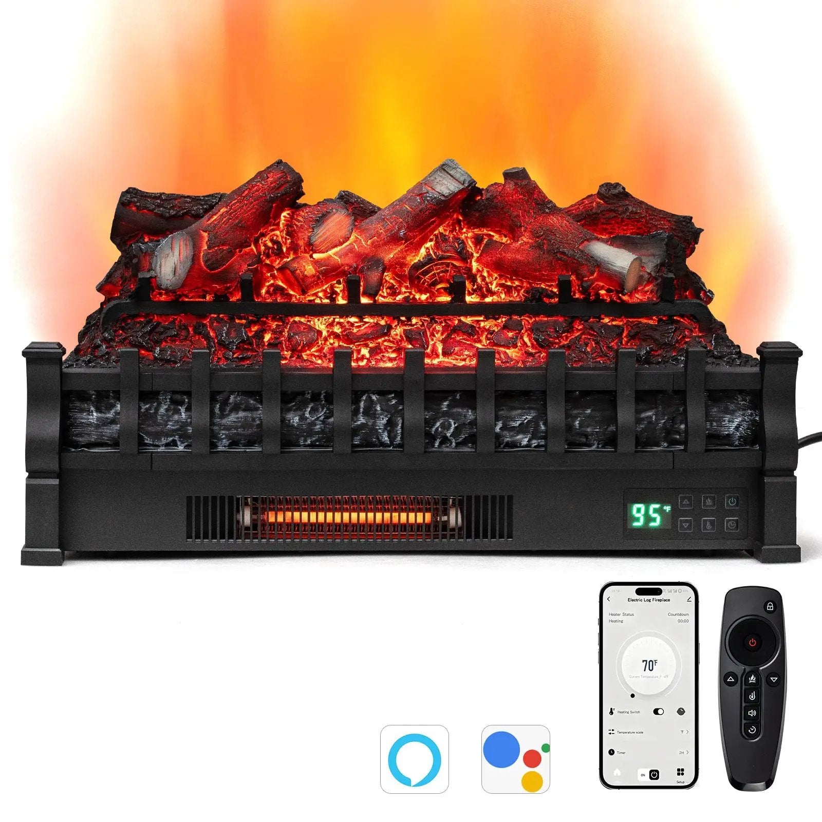 26 Inch WiFi Infrared Quartz Electric Fireplace Insert Logs Heater with Realistic Lemonwood Logs-Black by DirectDeals