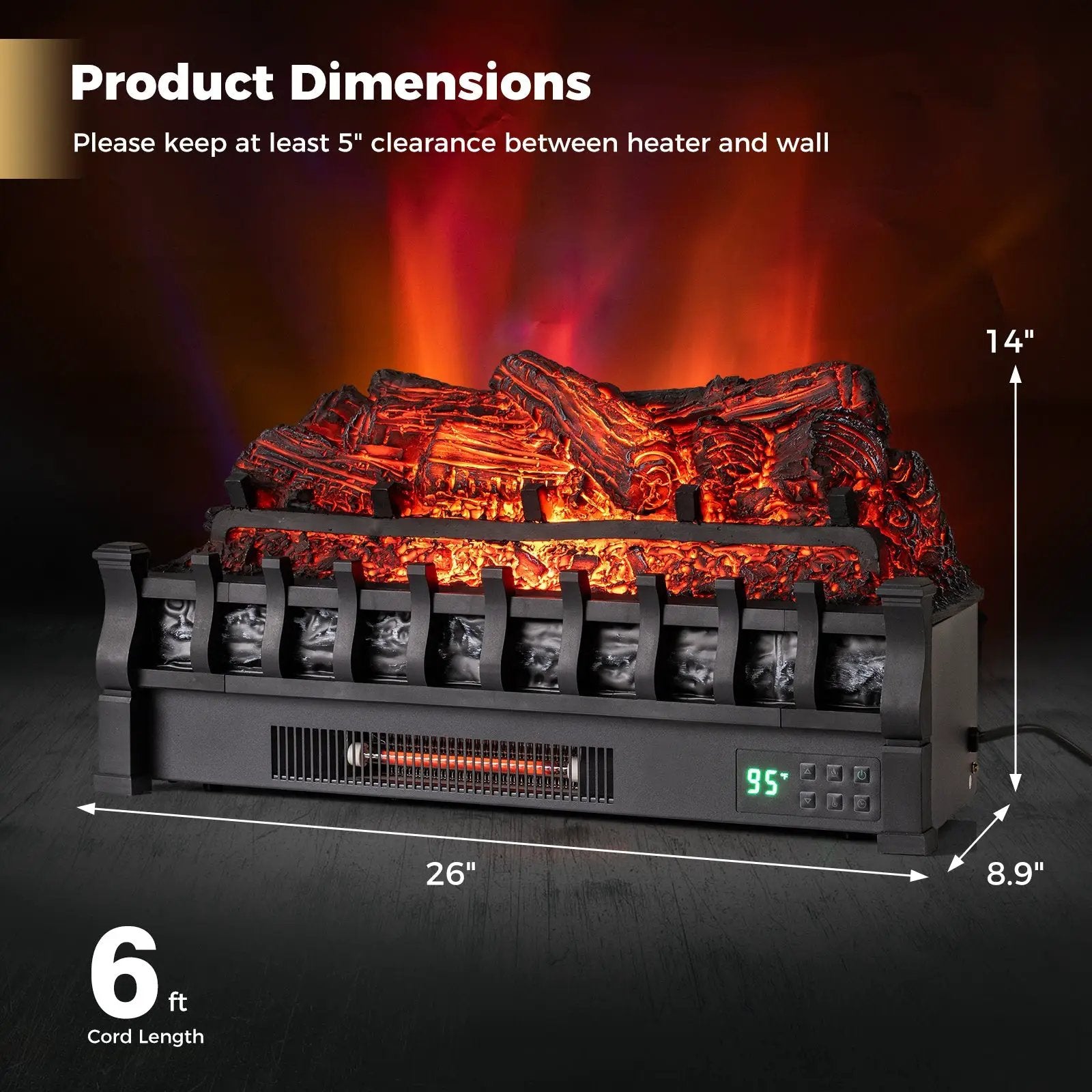 26 Inch WiFi Infrared Quartz Electric Fireplace Insert Logs Heater with Realistic Pinewood Logs-Black by DirectDeals