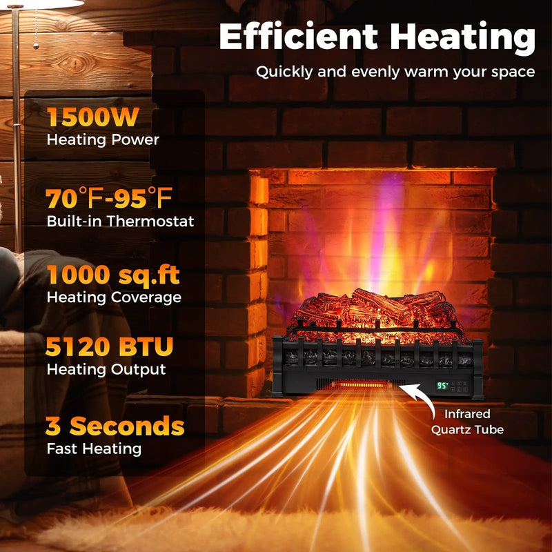 26 Inch WiFi Infrared Quartz Electric Fireplace Insert Logs Heater with Realistic Pinewood Logs-Black by DirectDeals