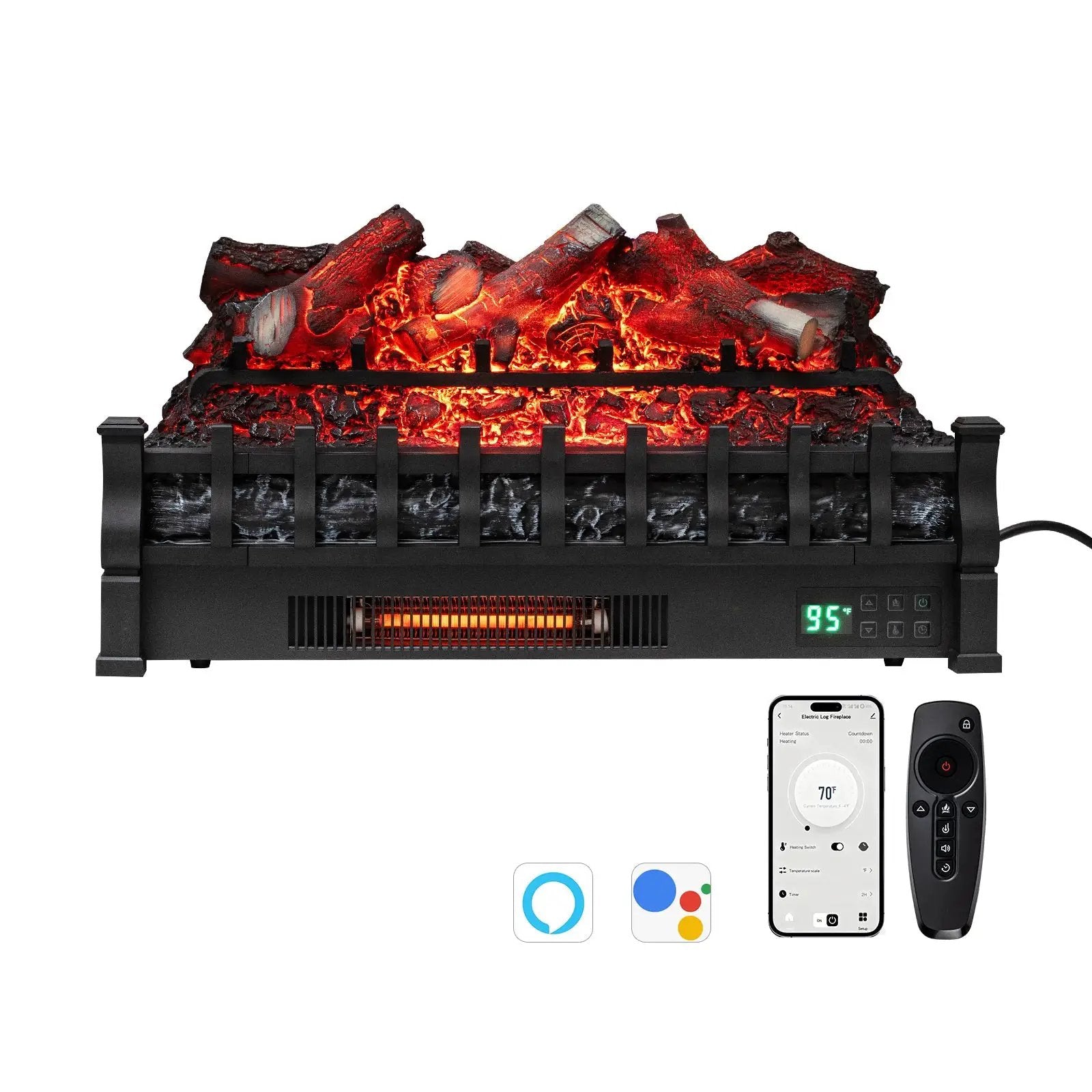 26 Inch WiFi Infrared Quartz Electric Fireplace Insert Logs Heater with Realistic Lemonwood Logs-Black by DirectDeals