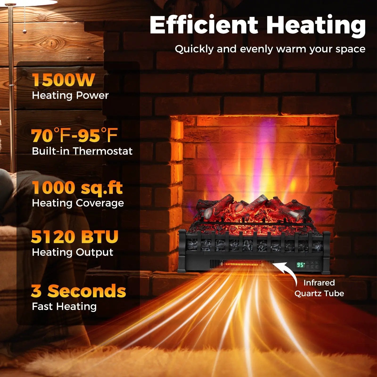 26 Inch WiFi Infrared Quartz Electric Fireplace Insert Logs Heater with Realistic Lemonwood Logs-Black by DirectDeals